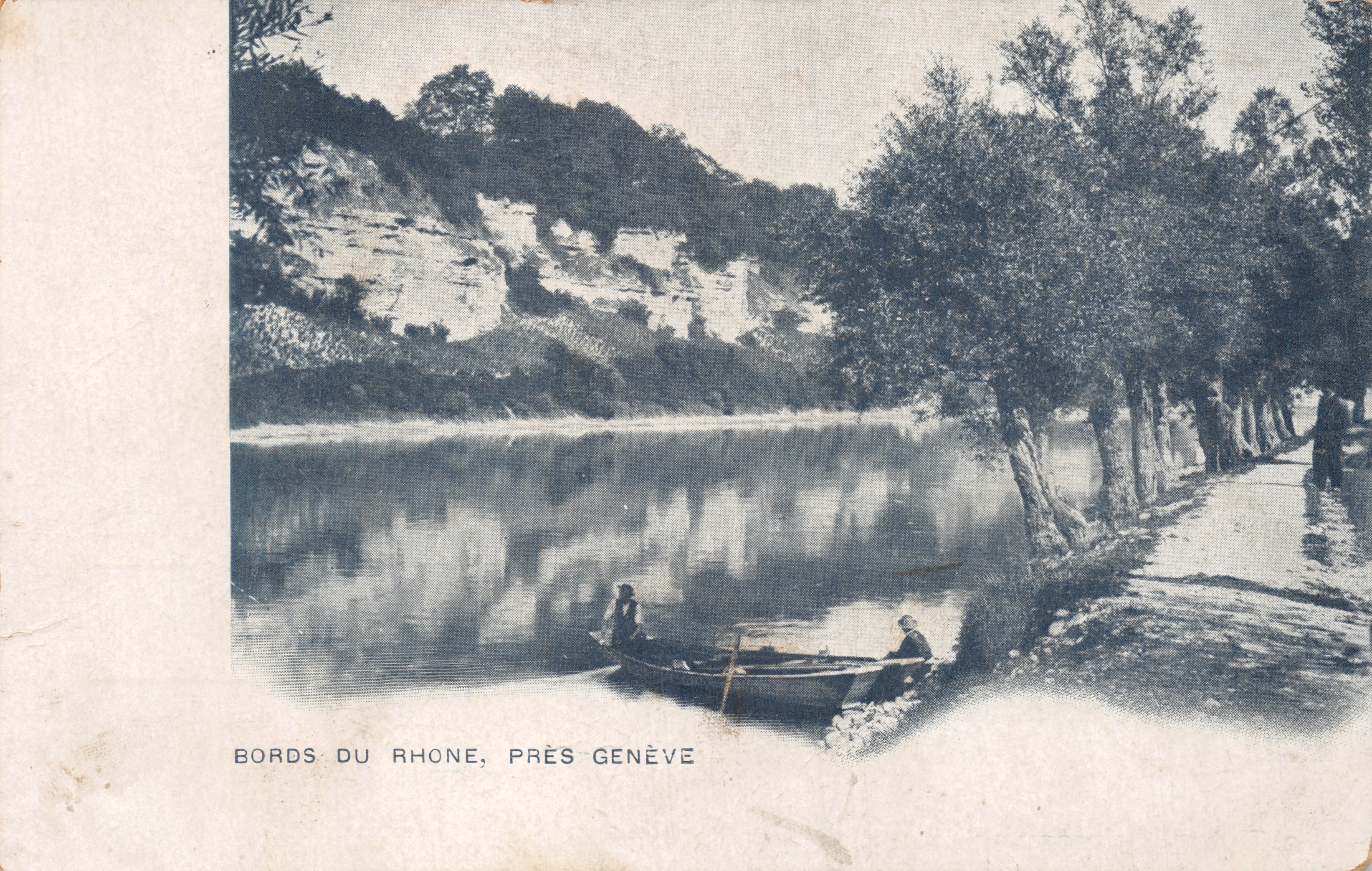 Ufer des Rhône, nahe Genf — Ansicht des Flusses mit Boot und Felswand — Verlag Mercier & Cie, Epernay