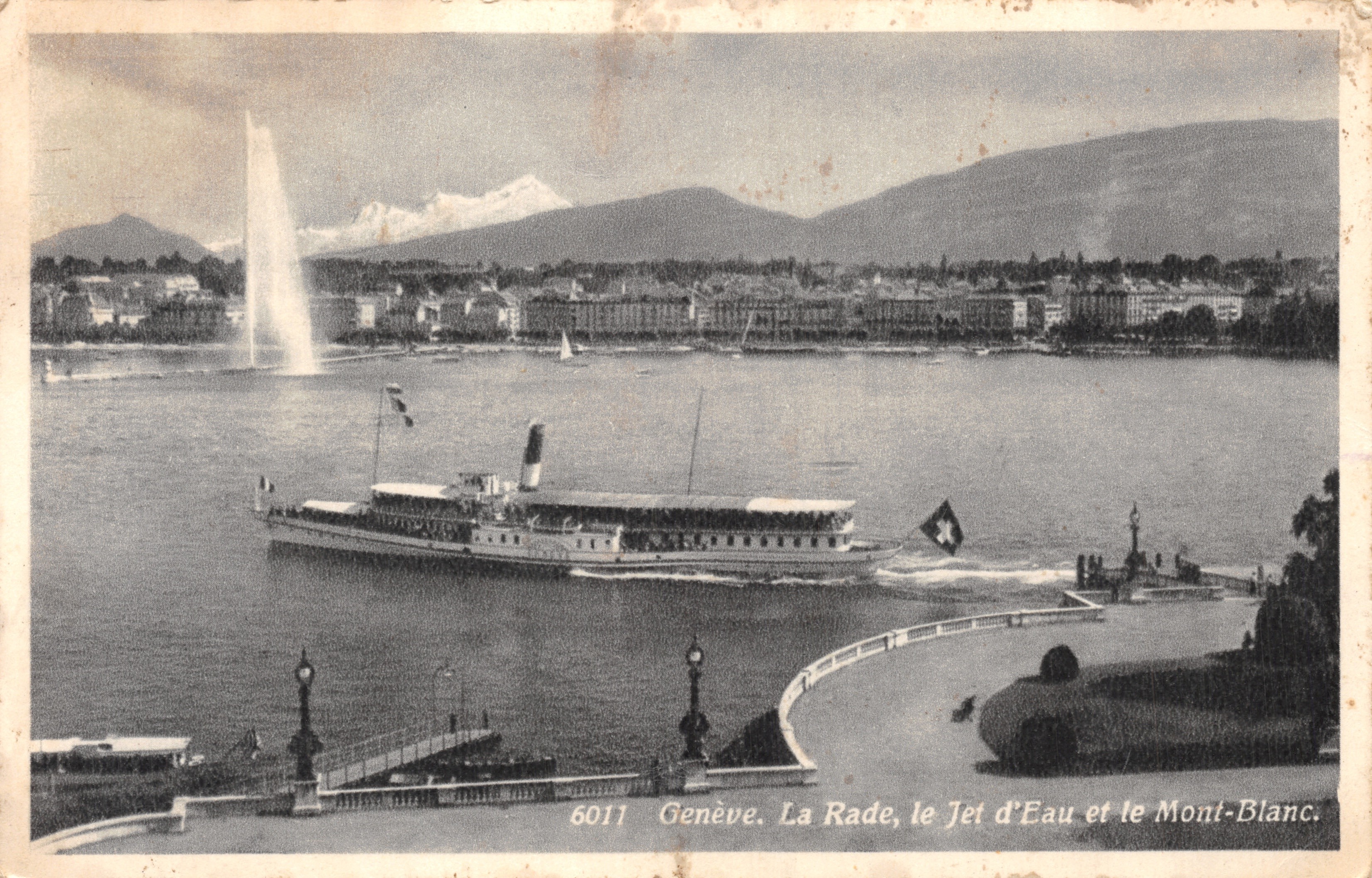Genf. Der Hafen, der Jet d'Eau und der Mont Blanc — Verlag Jaeger Genf, Nr. 6011