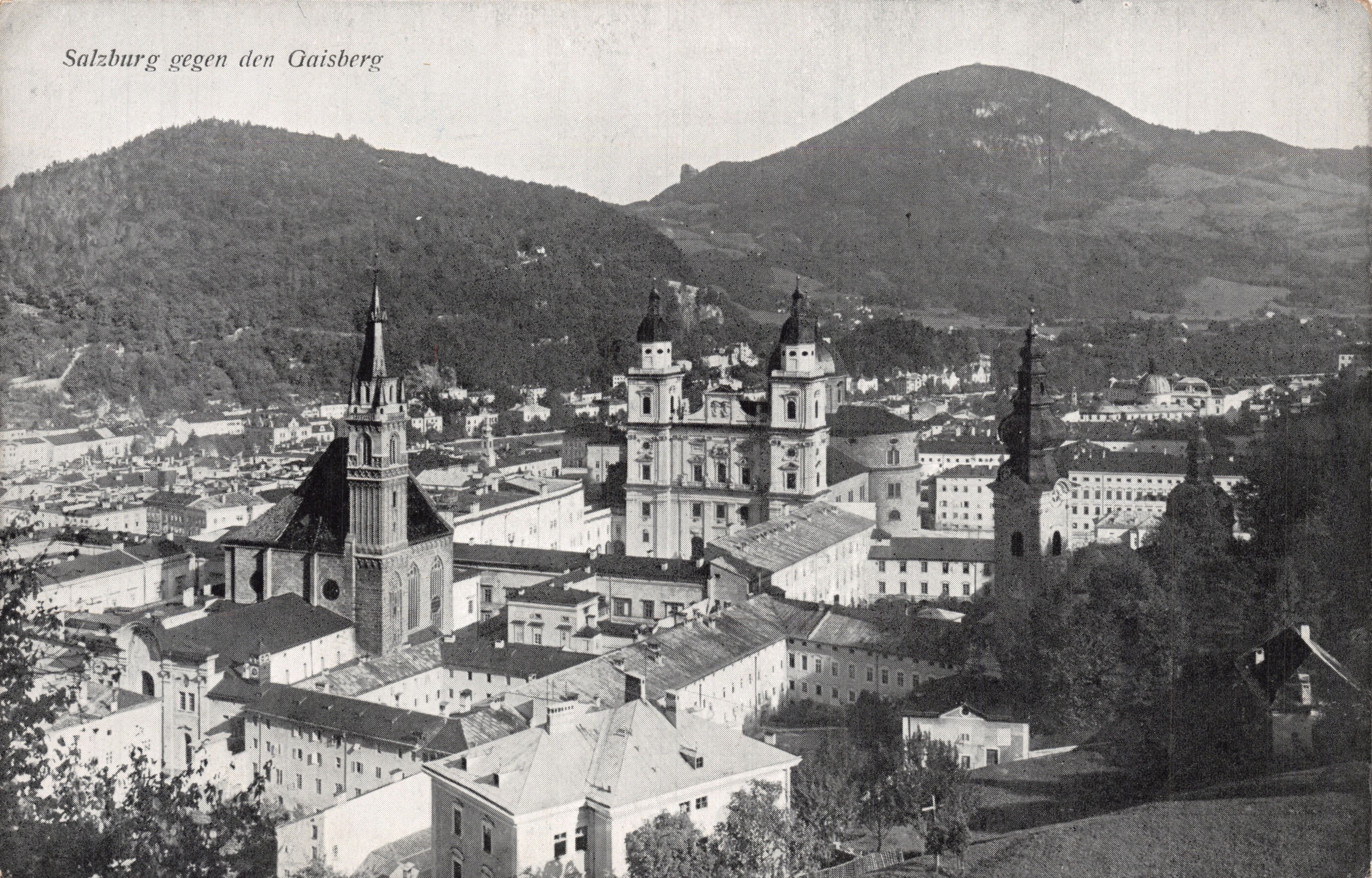 Salzbourg gegen den Gaisberg — vue panoramique avec édifice religieux et montagne — éditeur J. Huttegger, Salzbourg, n° 241