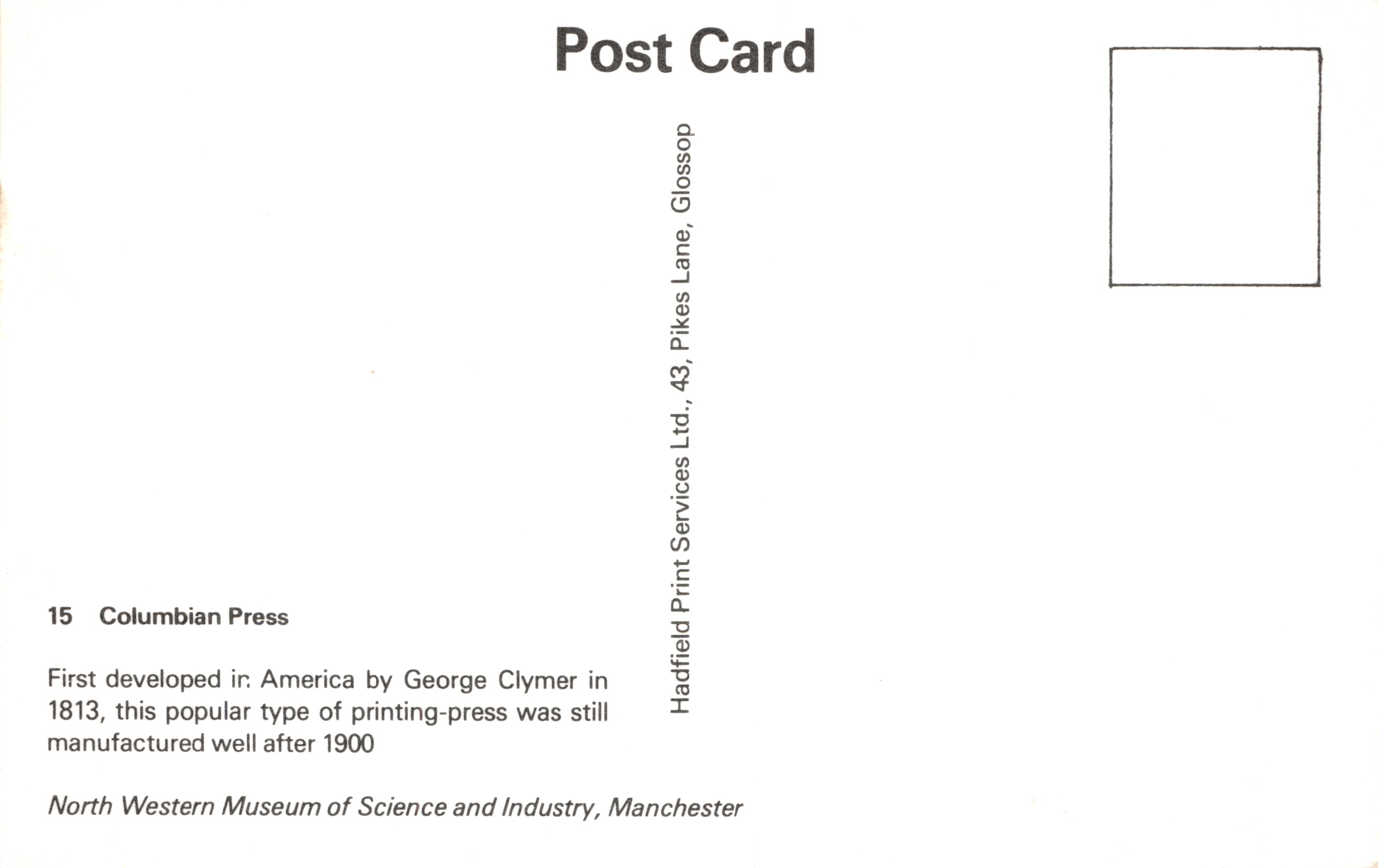 Presse Columbia — maszyna do druku z orłem — wydano przez Hadfield Print Services Ltd — Rewers