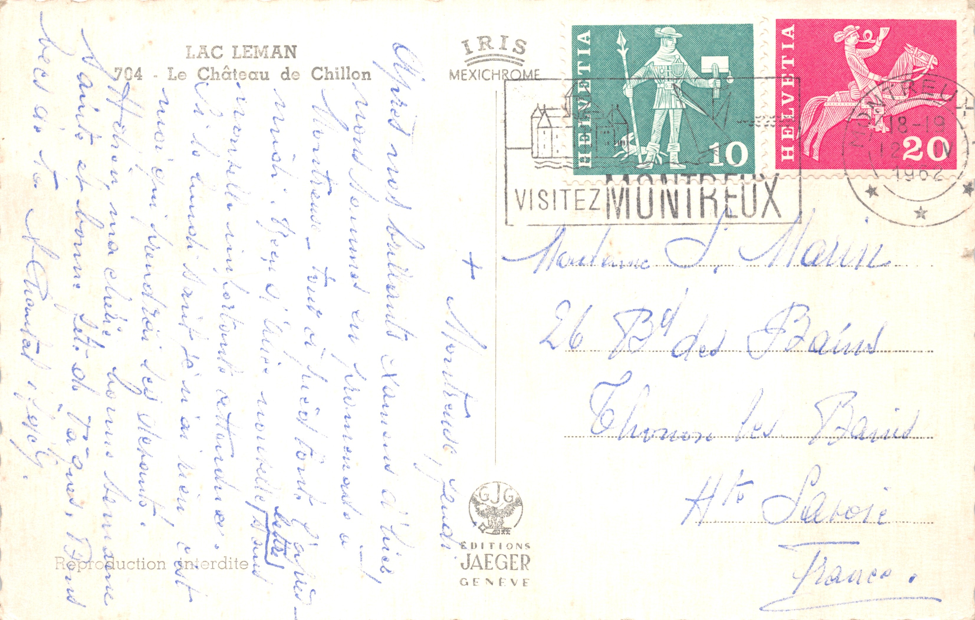 Château de Chillon — sur le lac Léman — Éditions Jaeger Genève, n° 704 — Verso