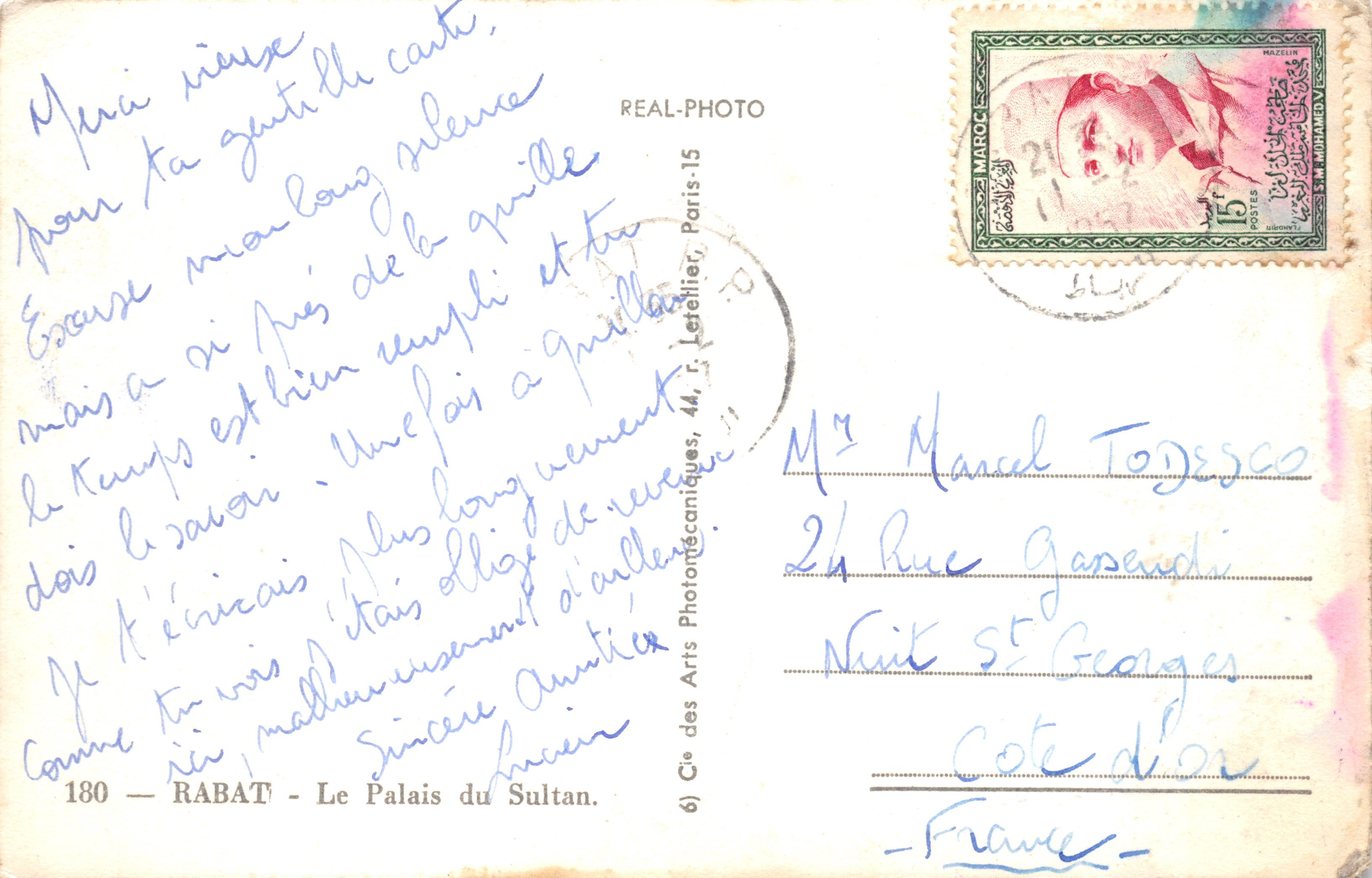 Rabat — Het paleis van de sultan — uitgever Cie des Arts Photomécaniques, Parijs-15, nr. 180 — Achterkant