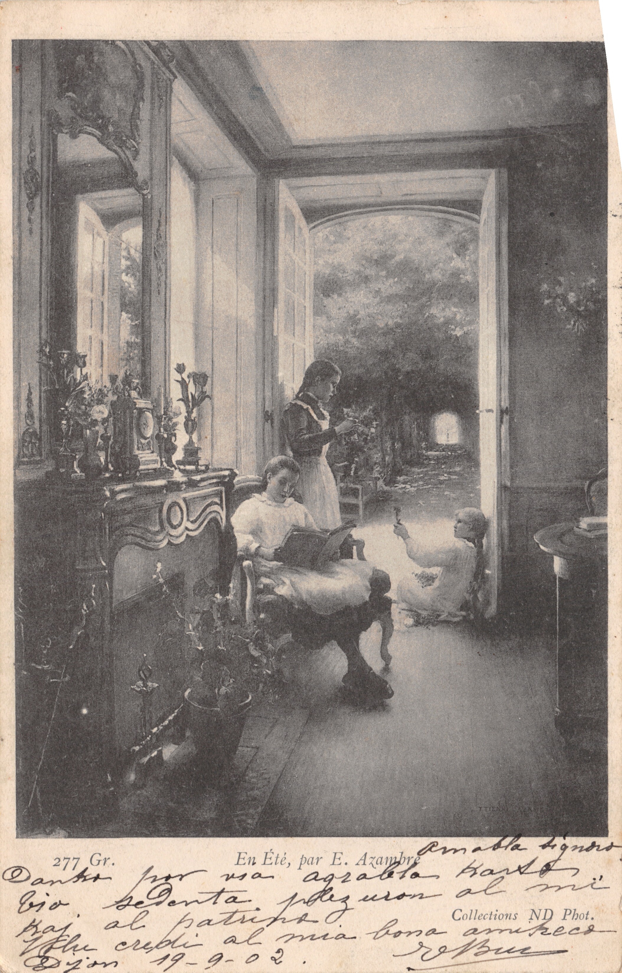 Intérieur d'une maison — scène d'été avec enfants et femme — éditeur E. Azambre, n° 277 Gr