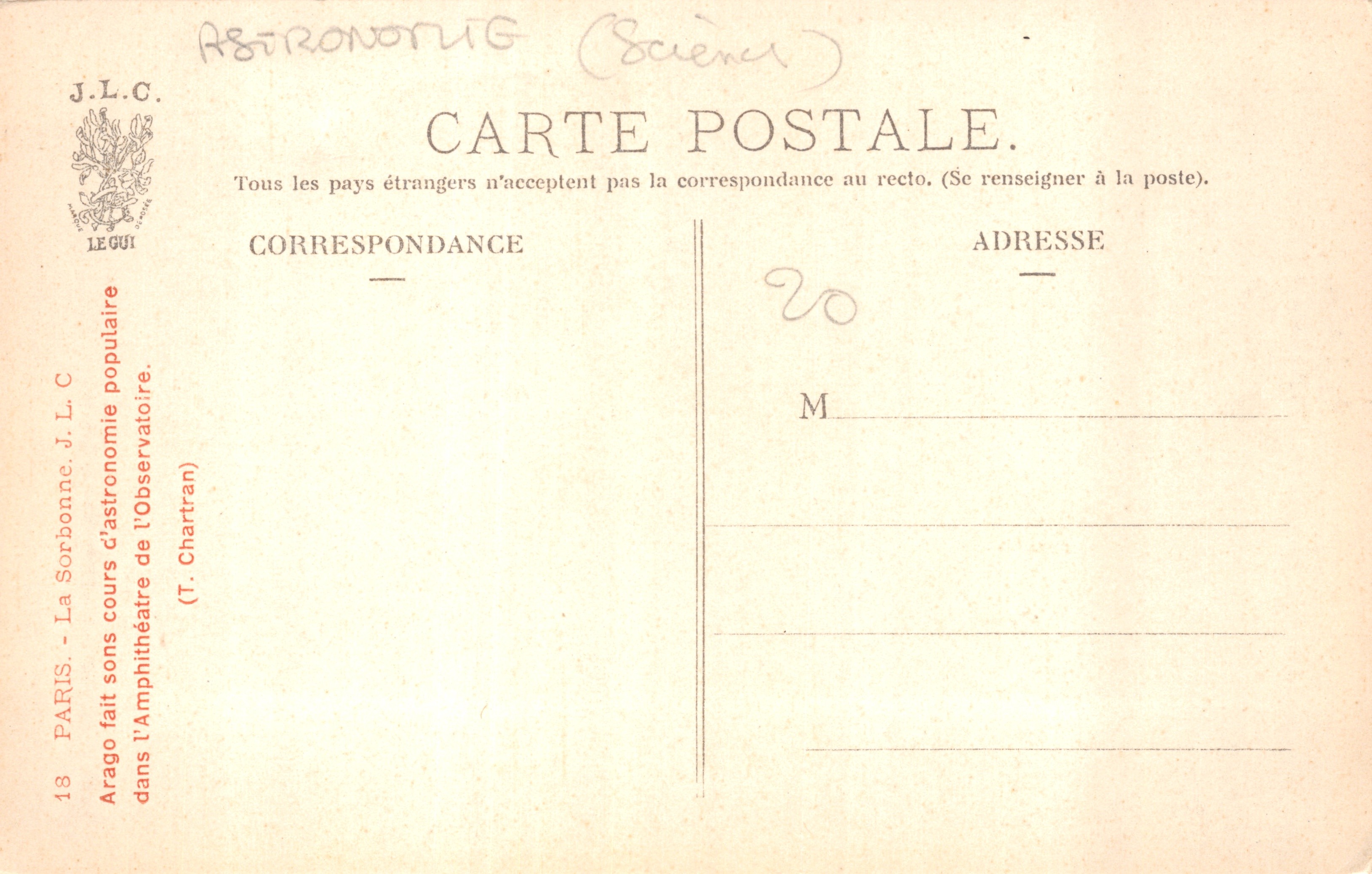 Arago fait son cours d'astronomie — Amphithéâtre de l'Observatoire — éditeur J.L.C. (Paris) — n° 18 — Reverso