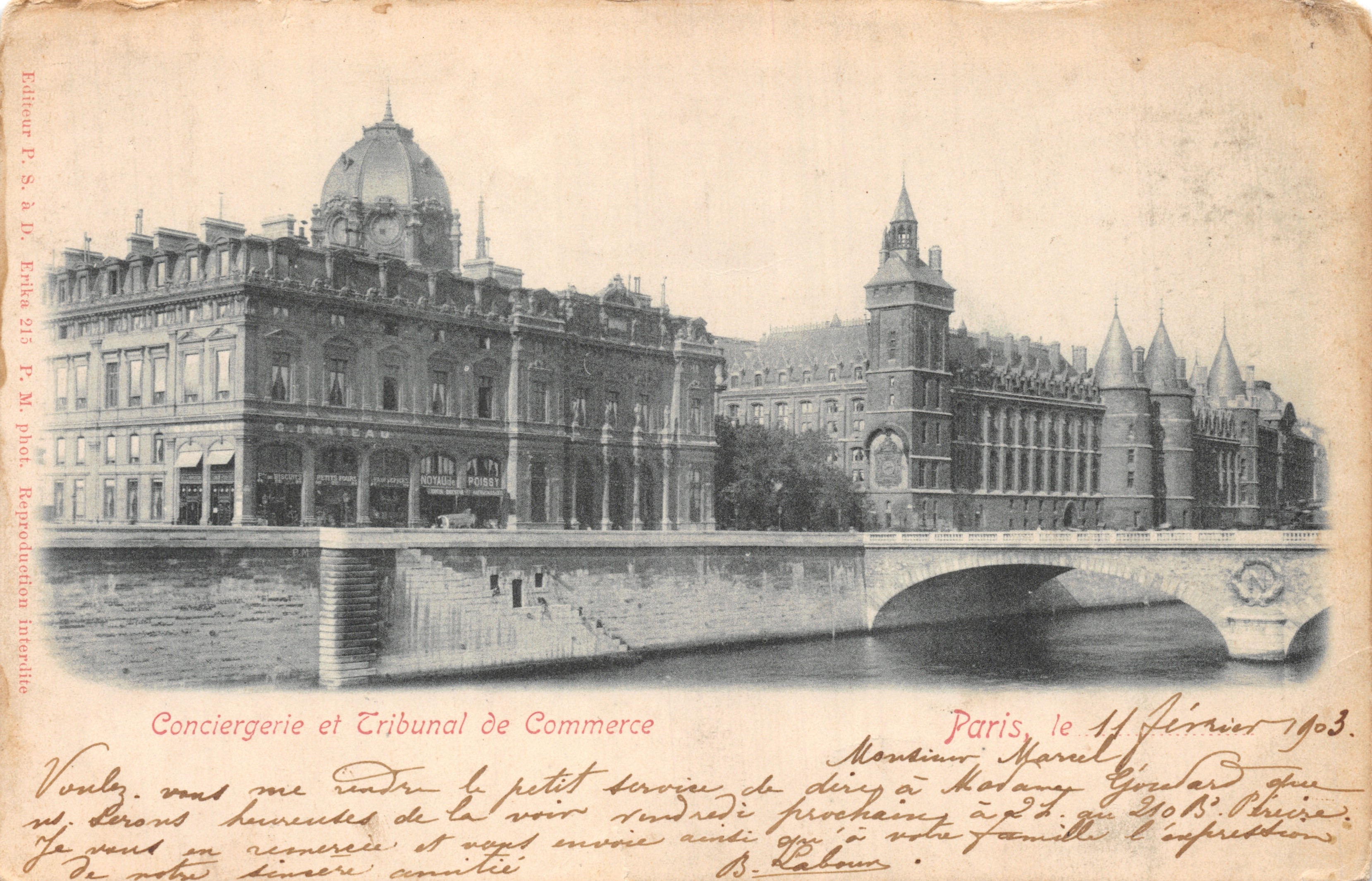Conciergerie y Tribunal de Comercio — vista de la Senna y del puente — editor P. S. & D. Érba, n.º 215