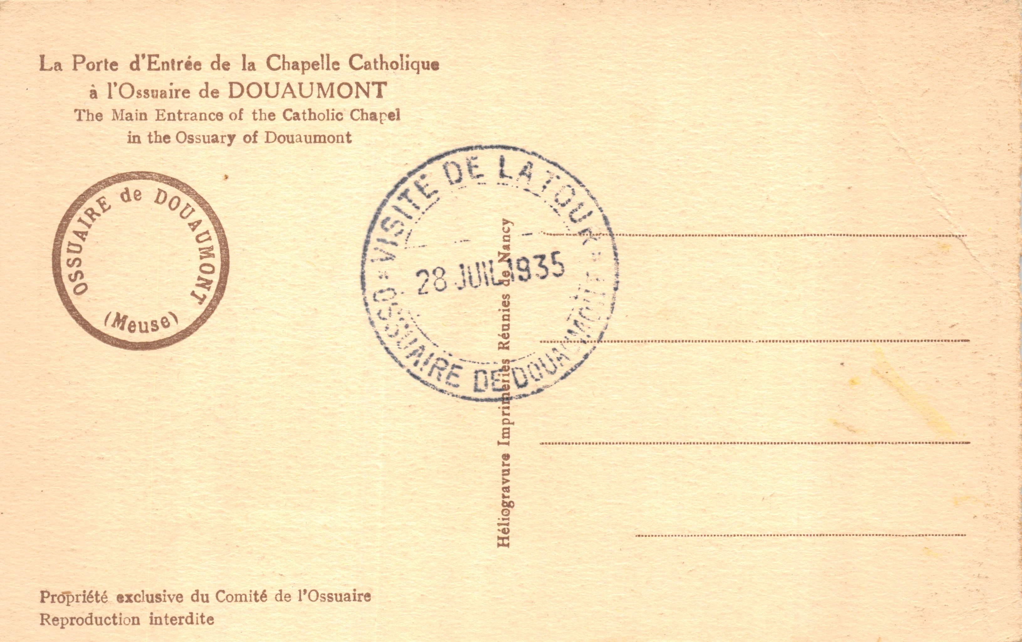 Entrée de la Chapelle Catholique — Ossuaire de Douaumont — Imprimé sur la carte : Héliogravure Imprimerie des Réunies de Nancy — Achterkant