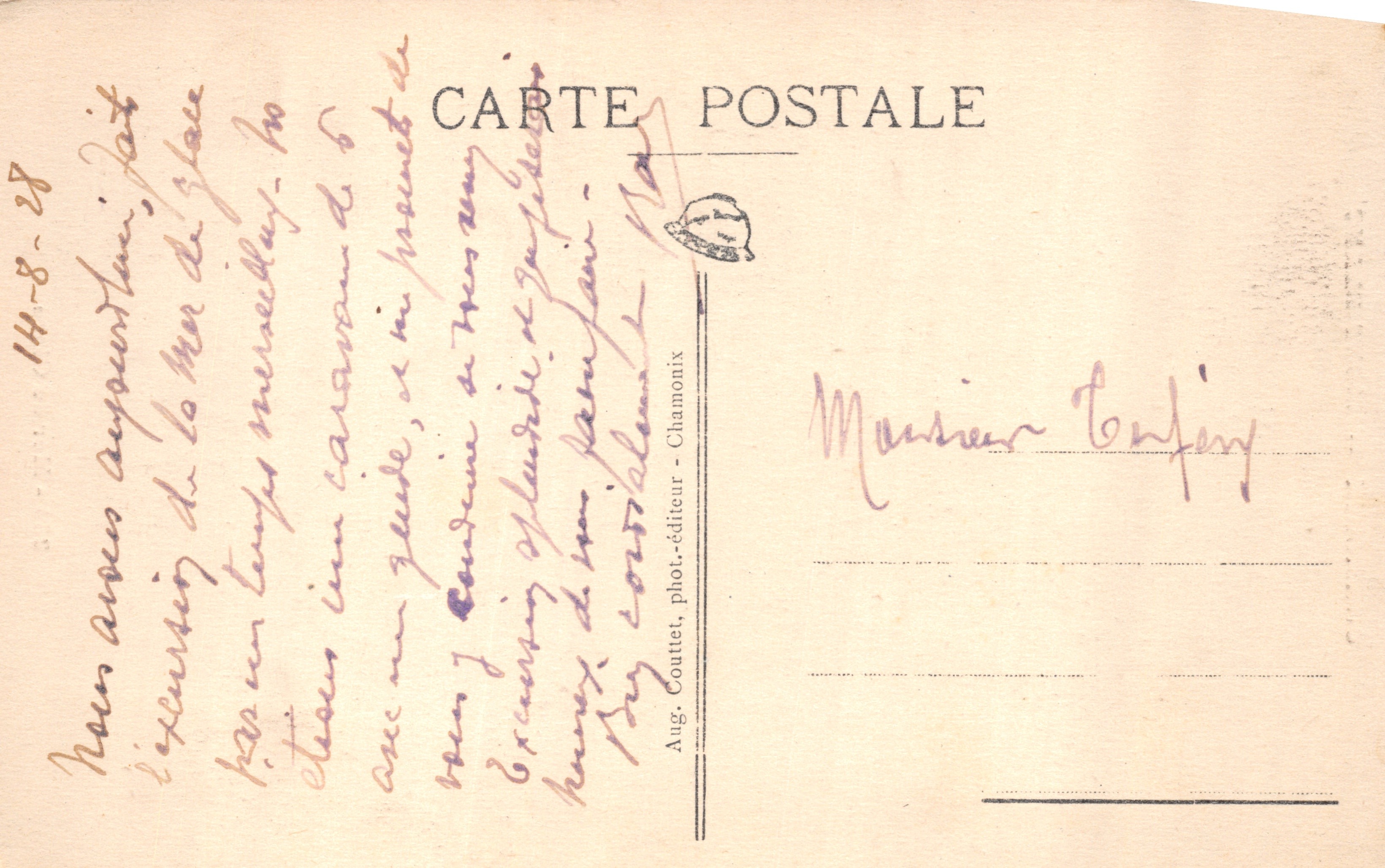 Chamonix — Mont Blanc — Mer de Glace — editor Aug. Couttet, n.º 233 — Reverso
