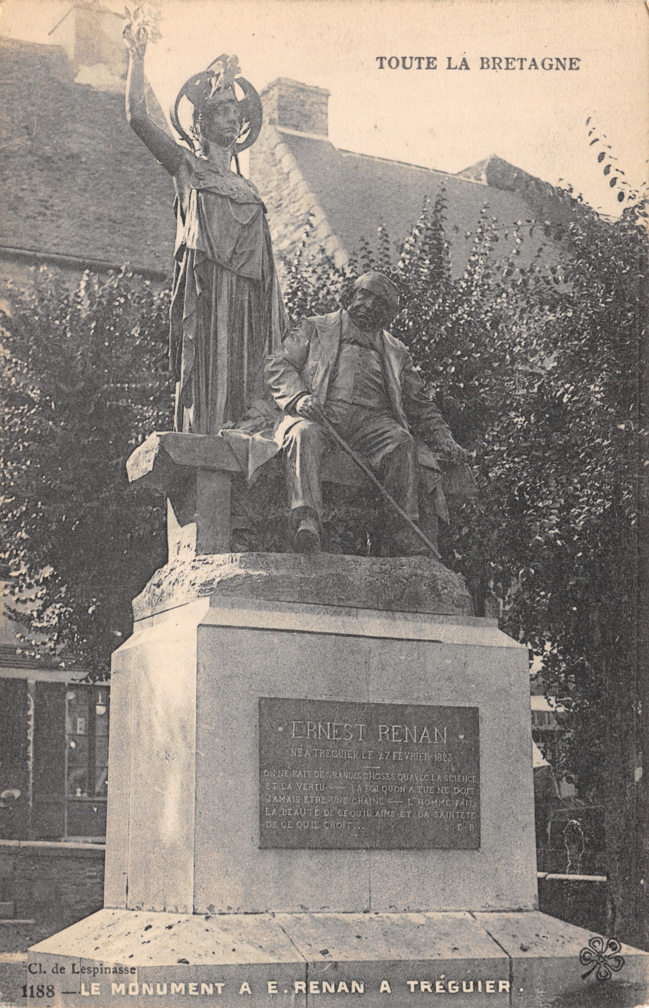 Monument à Ernest Renan à Tréguié — statue féminine et buste du savant — éditeur Cl. de Lespinasse, n° 1188