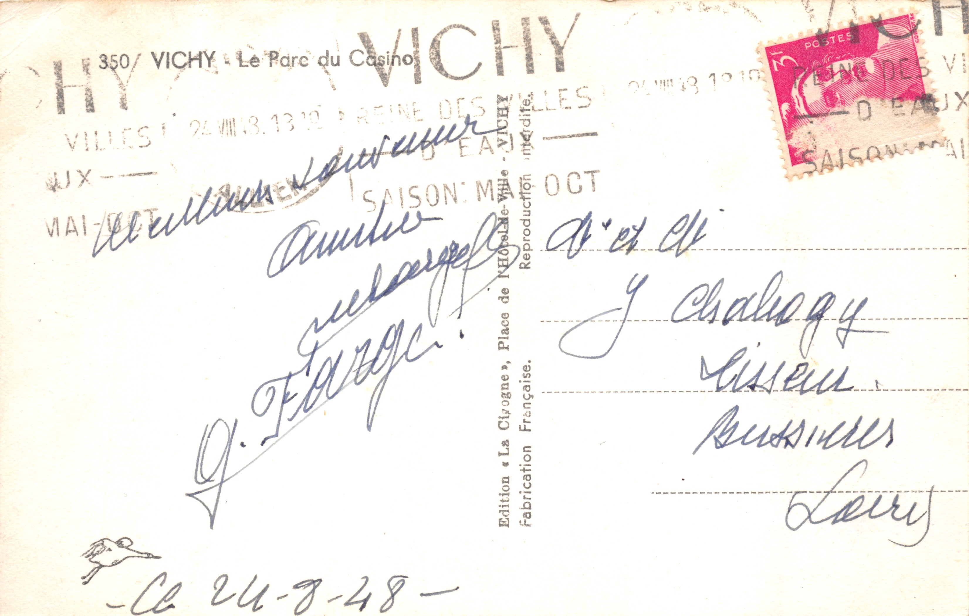 Vichy — Vista del Parco del Casinò — Edizione La Cléogne, Vichy — Verso