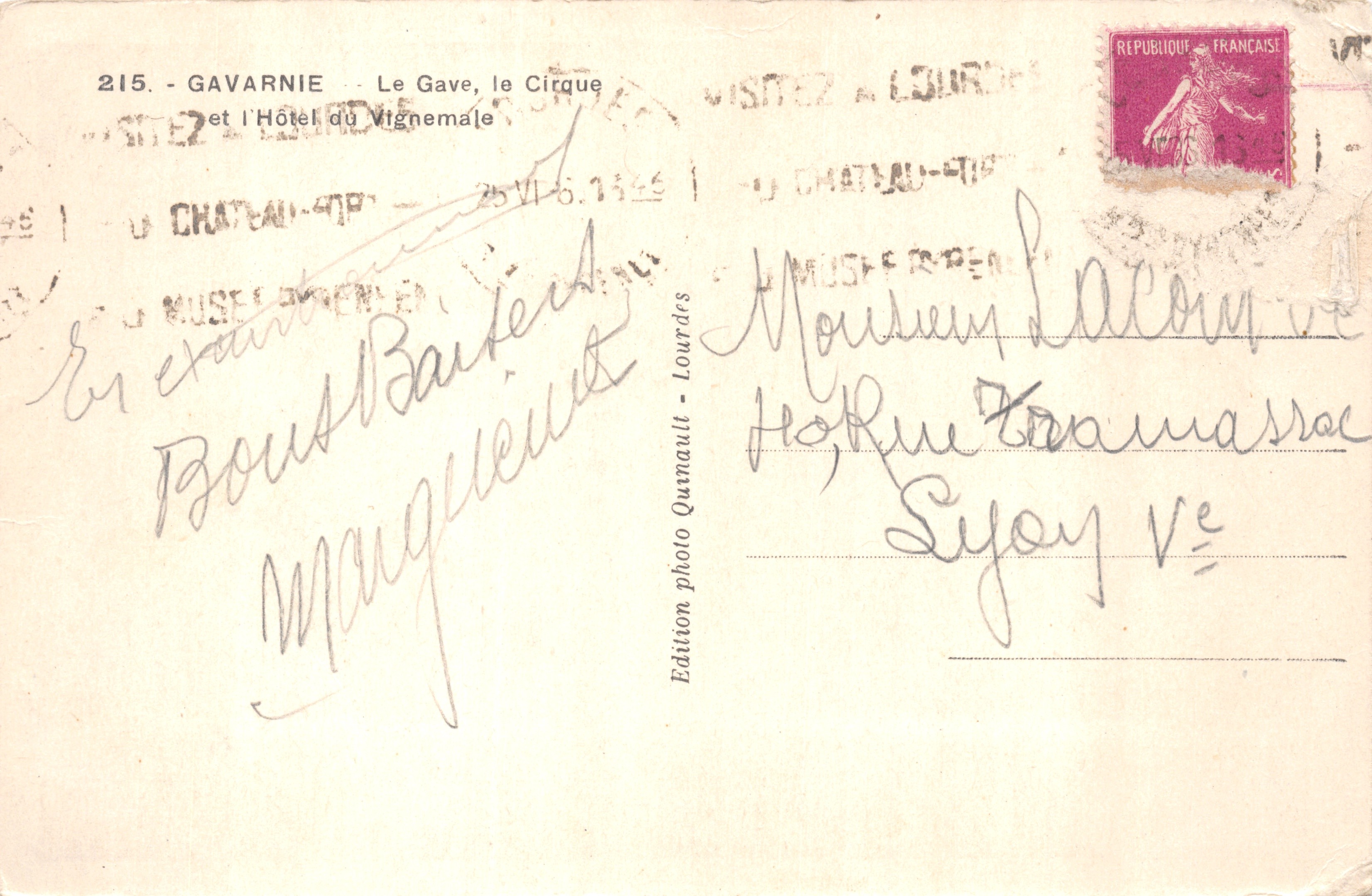 Gavarnie — Le Gave, het Cirque en het Hotel du Vignemale — Foto-uitgave Quinault - Lourdes — Achterkant