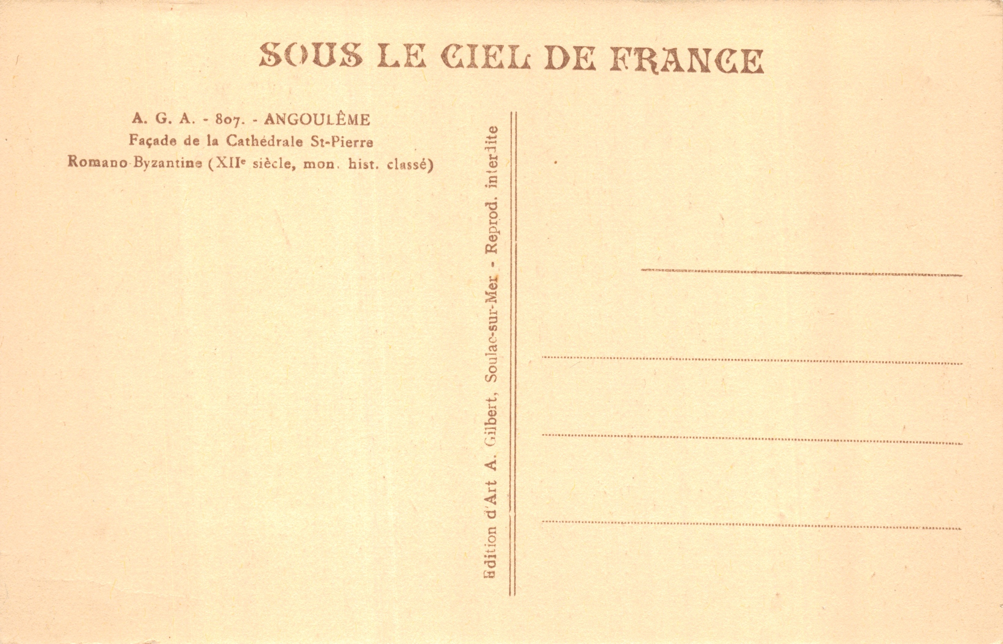 Angoulême — Façade de la Cathédrale Saint-Pierre — Édition A.G.A. - 807 — Rückseite