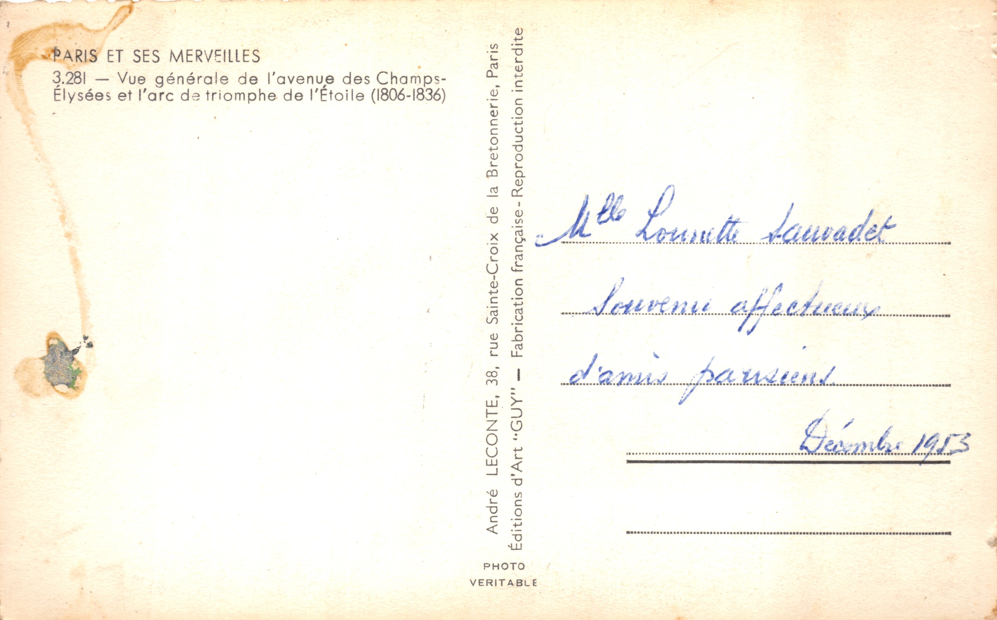 Parigi — Vista generale dell'avenue des Champs-Élysées e dell'Arc de Triomphe de l'Étoile — Éditions d'Art 'GUY', n. 3.281 — Verso