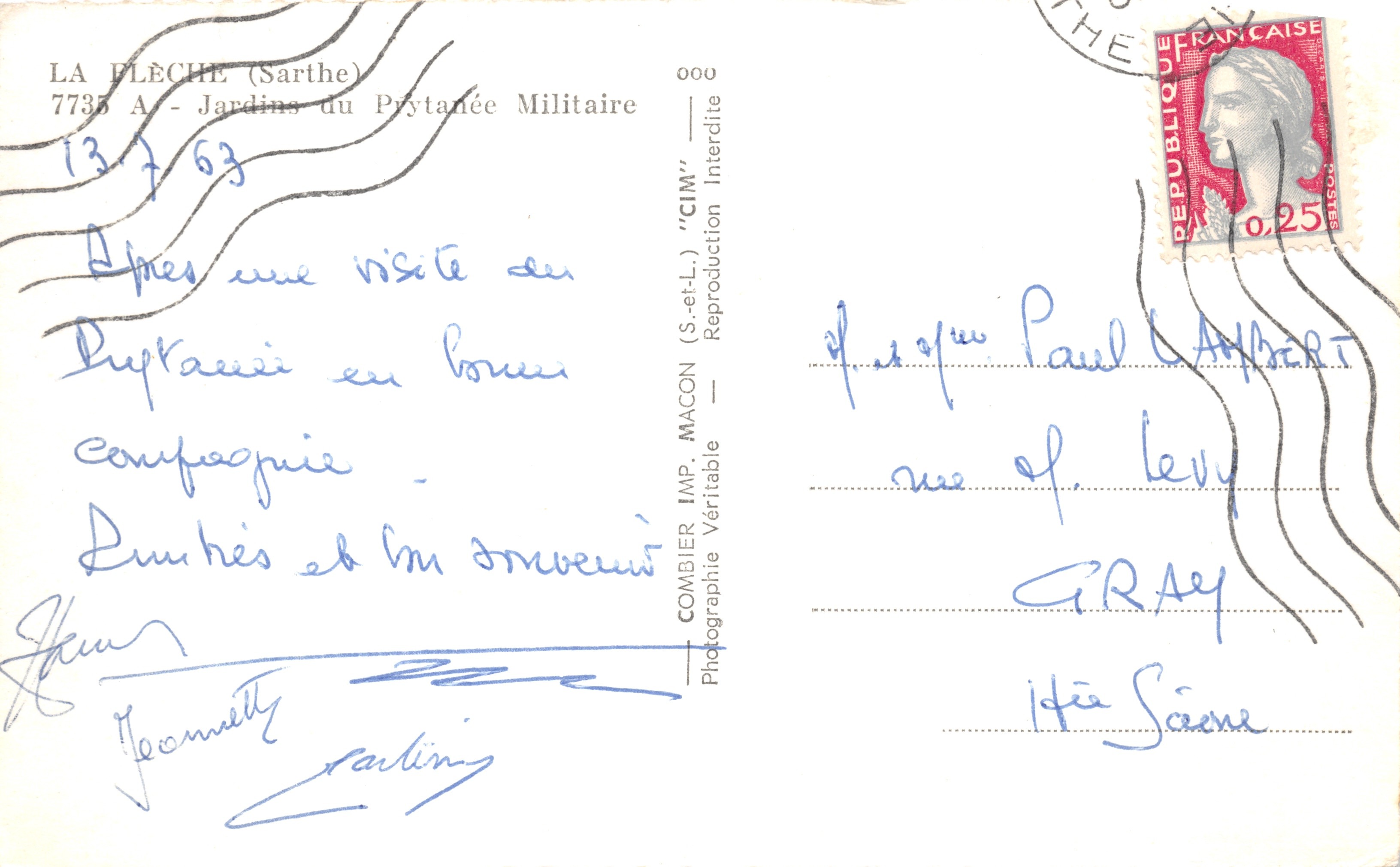 La Flèche (Sarthe) — Jardines del Liceo Militar — COMBIER IMP. MACON — Reverso