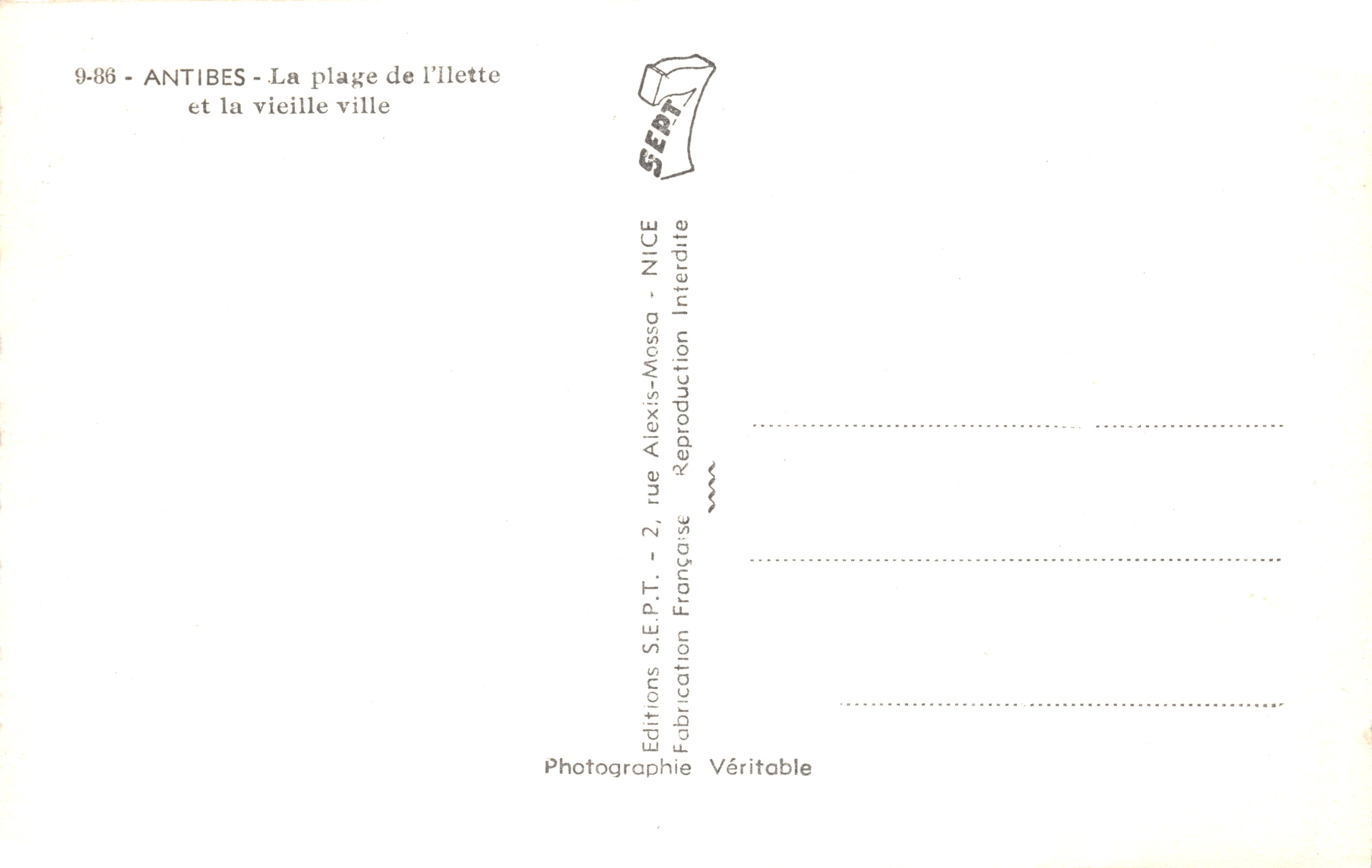 Antibes — La plage de l'ilette et la vieille ville — Éditions S.E.P.T. - 2, rue Alexis-Mossa - NICE — Achterkant