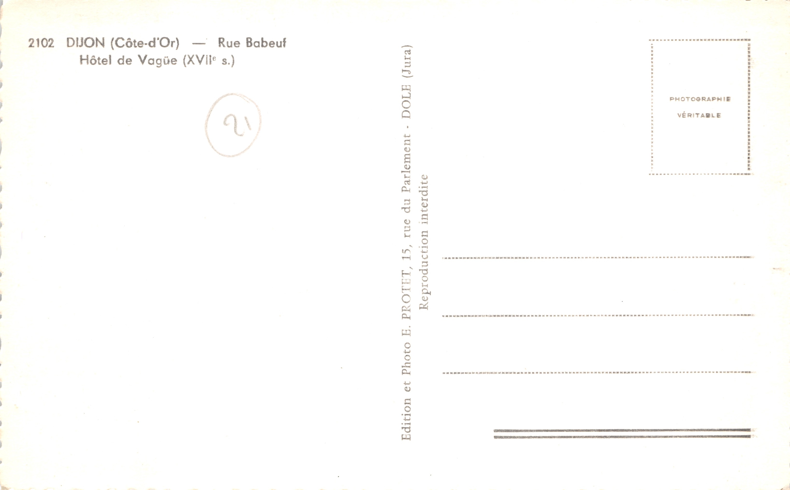 Dijon (Côte-d'Or) — Hotel de Vague, rue Babeuf (siglo XVII) — Edición E. PROTOT, Dôle (Jura) — Reverso