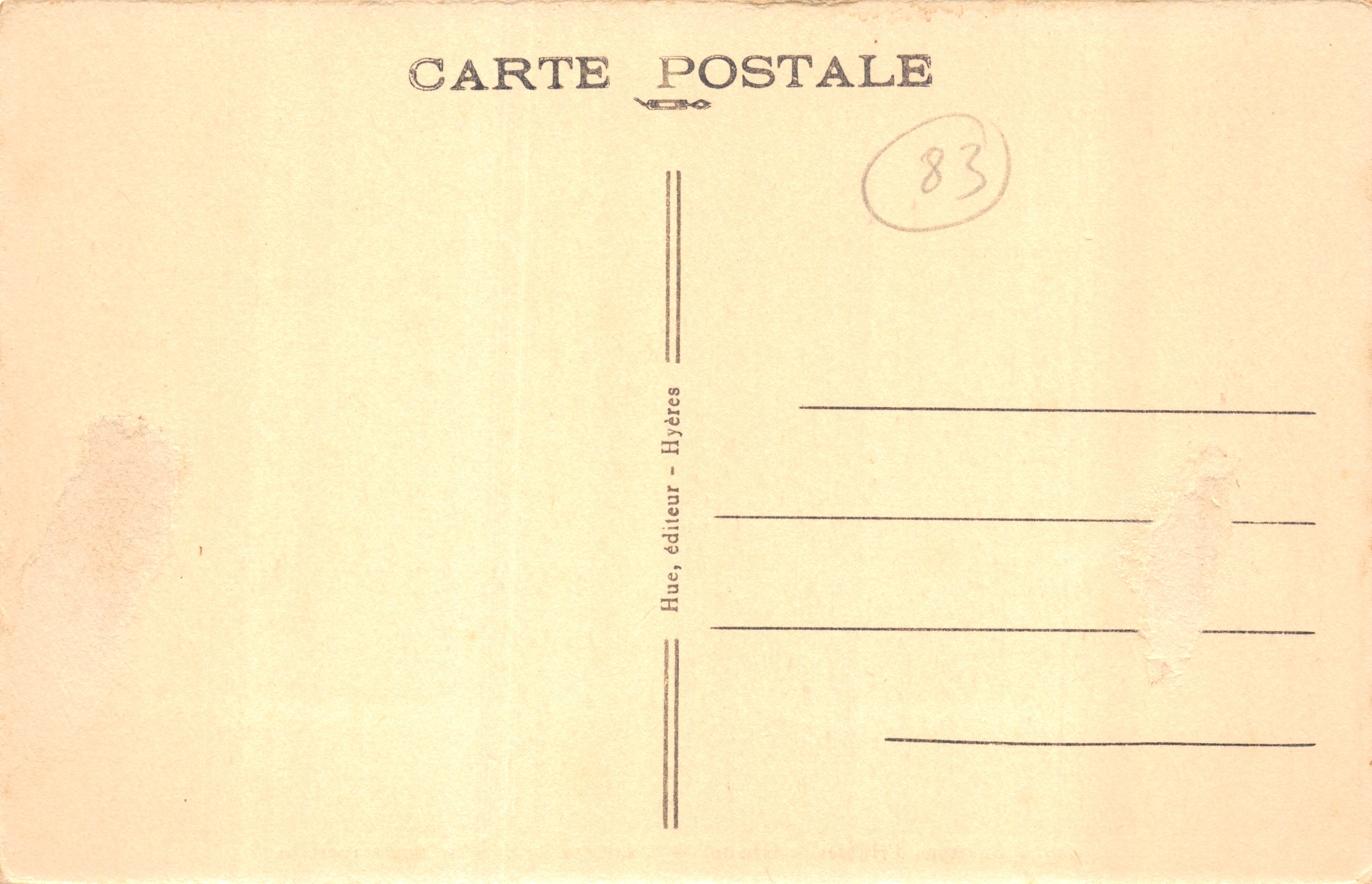 Llegada del correo de Porquerolles — Entorno de Hyères - Giens — Editor Hue, Hyères, n.º 217 — Reverso