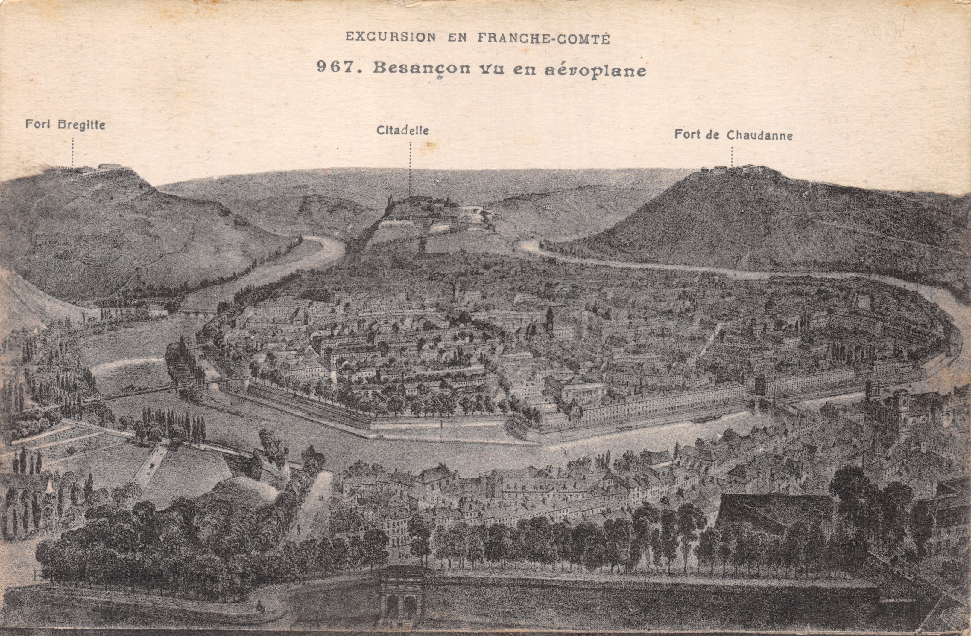 Besançon visto da un aereo — vista aerea della fortezza e dei forti di Breglitte e Chaudanne — editore non visibile, n. 967