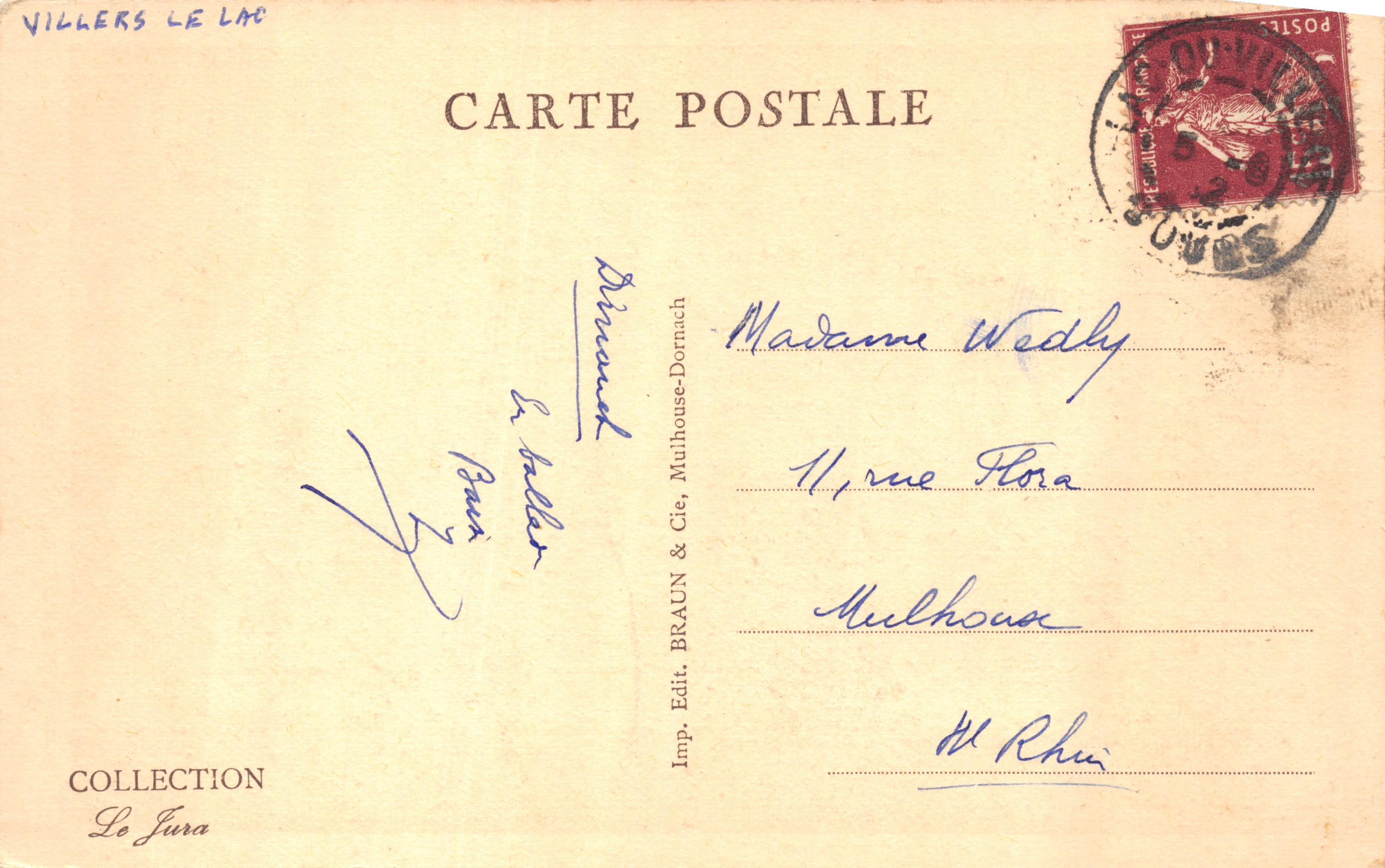 El Saut du Doubs — cascada en un cañón rocoso — editor BRAUN & Cie, n.º 2447 — Reverso