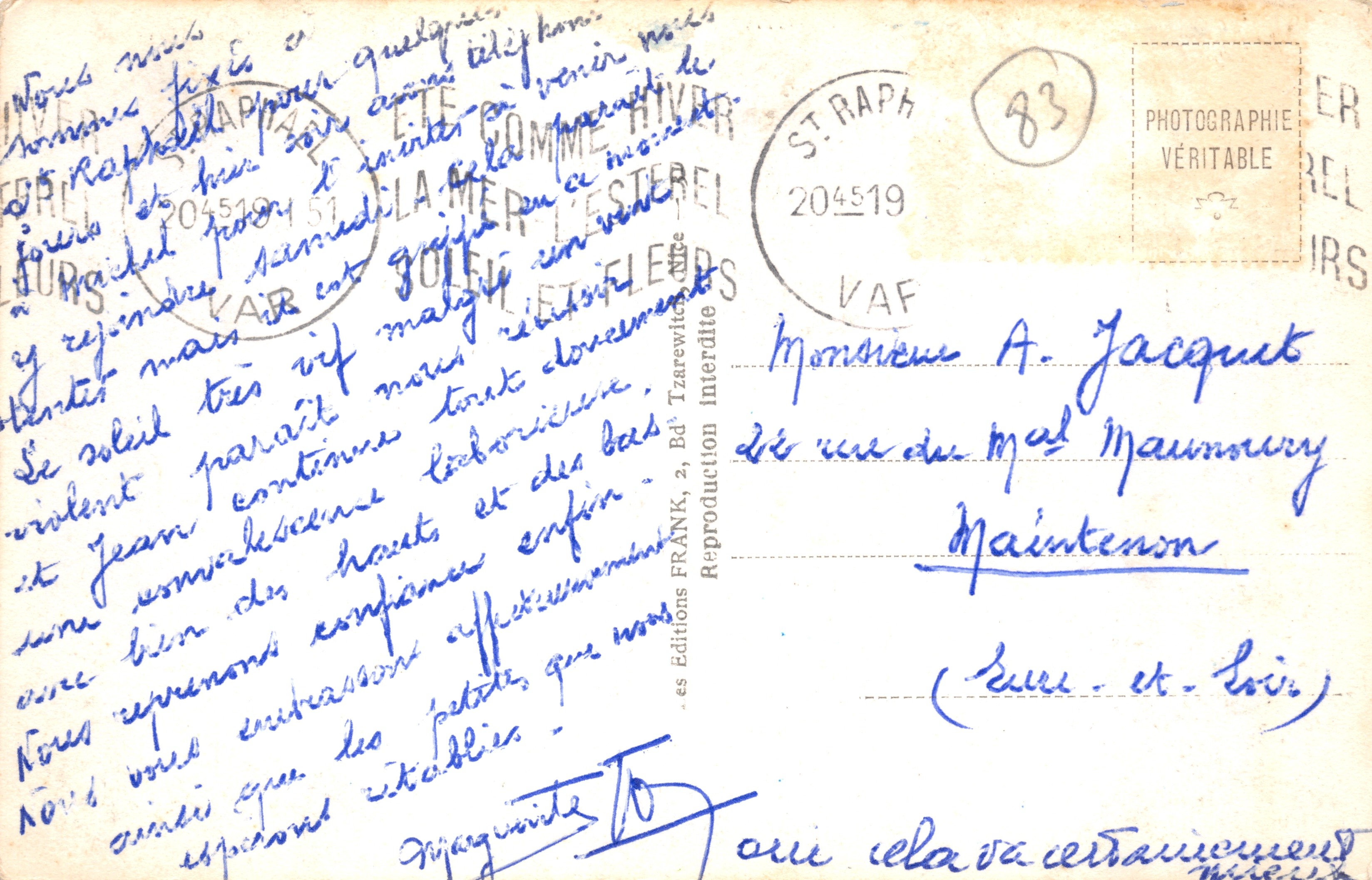 Saint-Raphaël (Var) — Vue du Boulevard Félix Martin et du Lion de Terre — Éditions Tzarewitsch — Verso