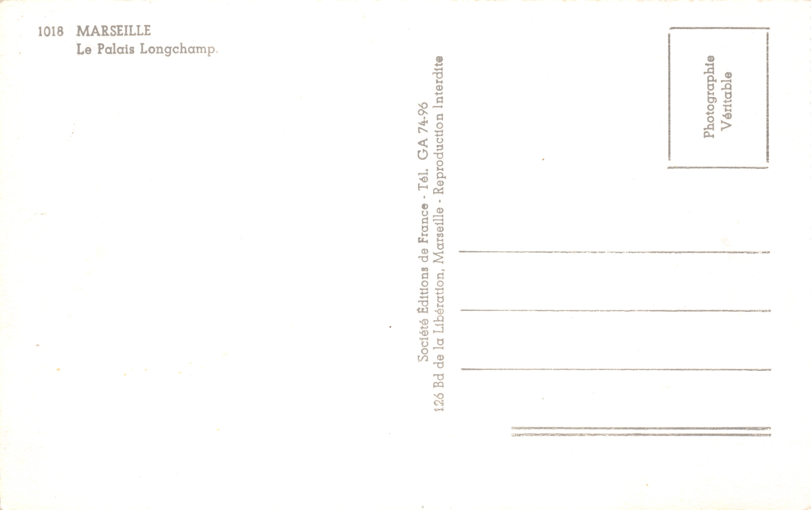 Das Longchamp-Palais — Ansicht des Gartens mit Fontäne und Eisenzaun — Verlag Ryner — Rückseite