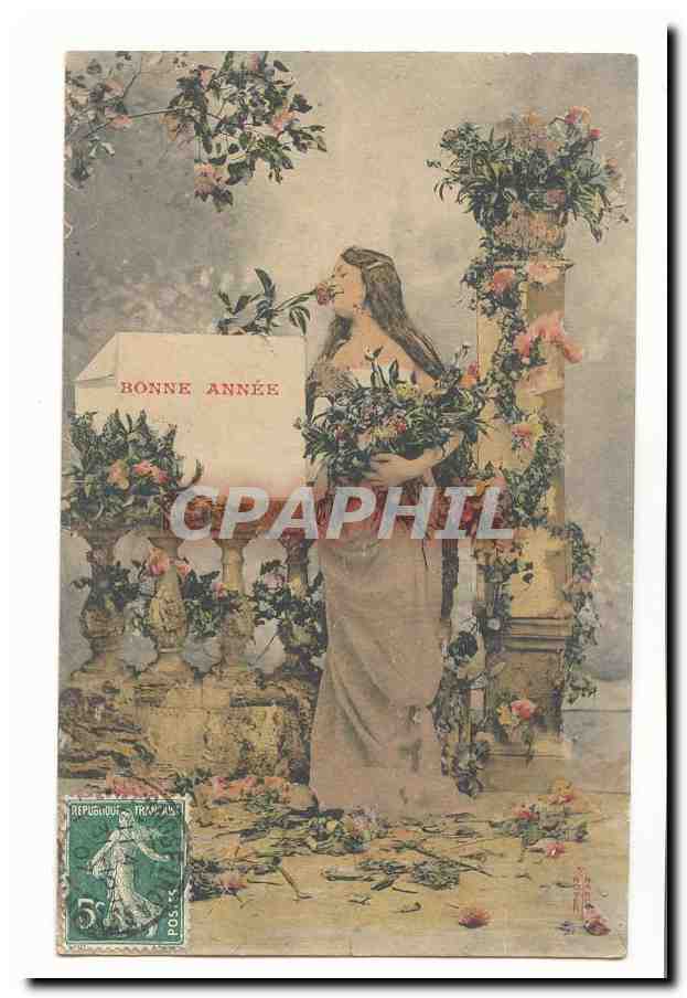 Femme avec bouquet de fleurs — Bonne Année — éditeur non visible
