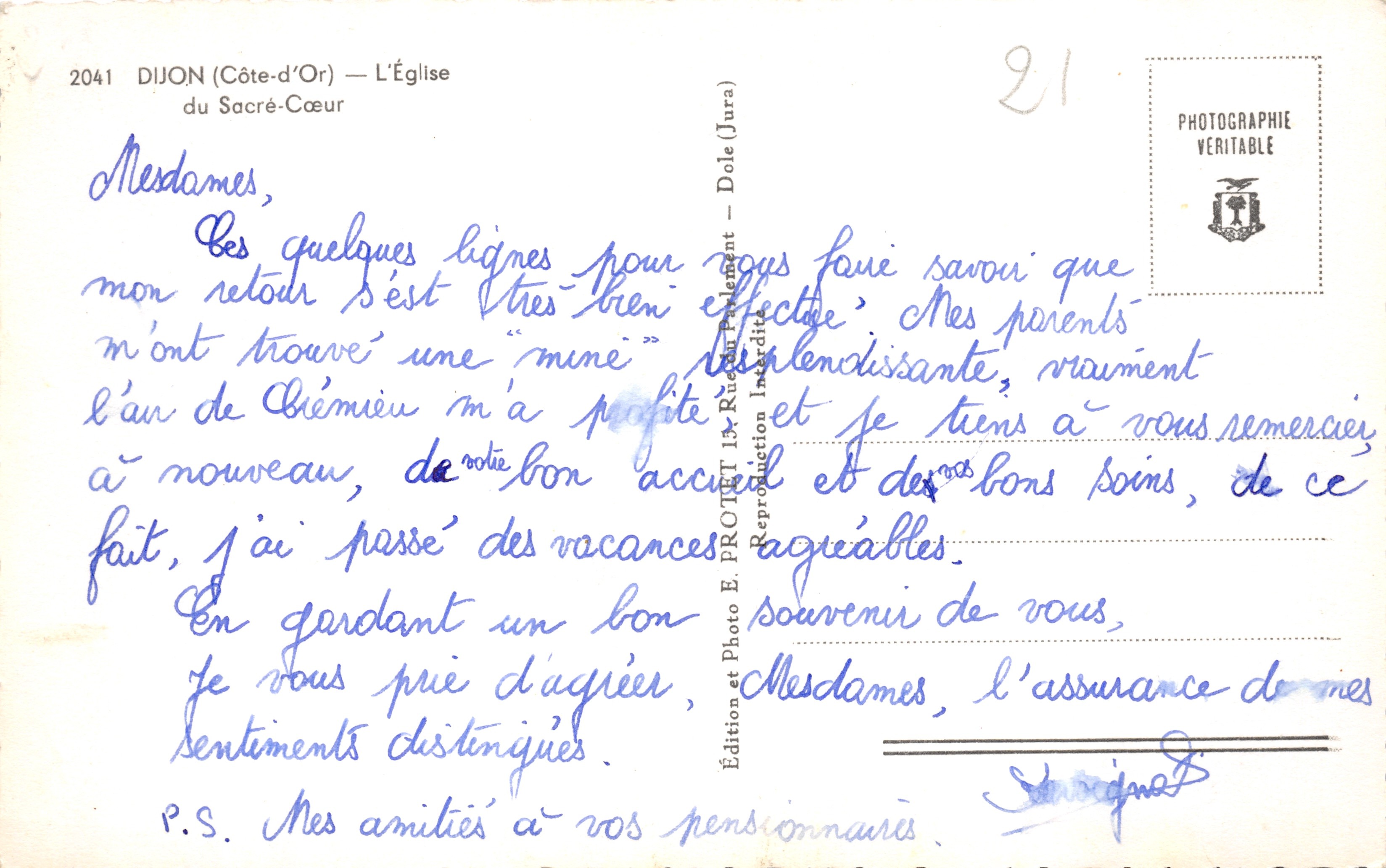 Dijon (Côte-d'Or) — Vista della Chiesa del Sacro Cuore — Edizione e Foto E. PROJET (Dole - Jura) — Verso