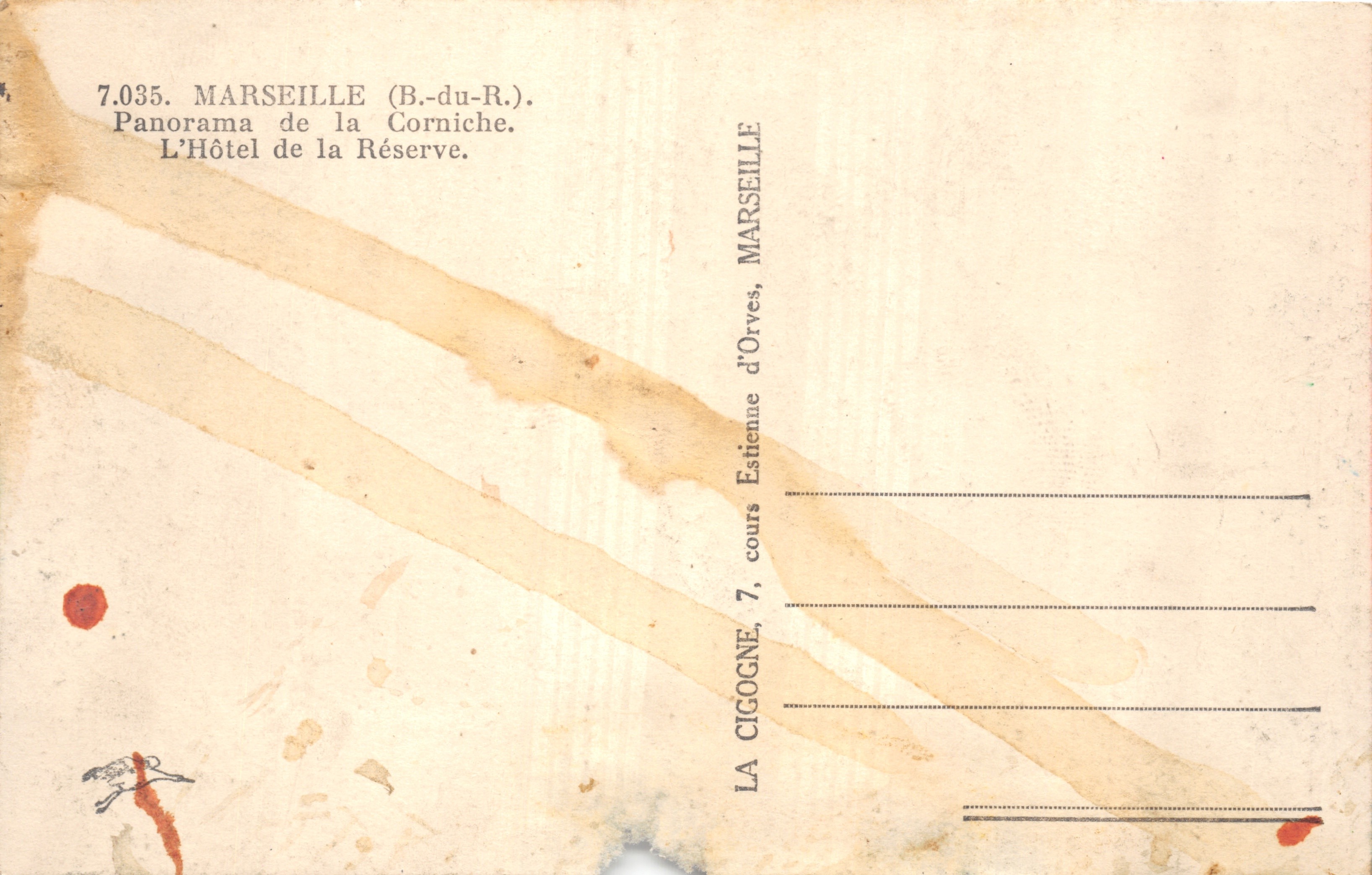 Marseille (B.-du-R.) — Panorama de la Corniche, L'Hôtel de la Réserve — Éditeur : LA CIGOGNE, 7, cours Estienne d'Orves, Marseille — Rewers