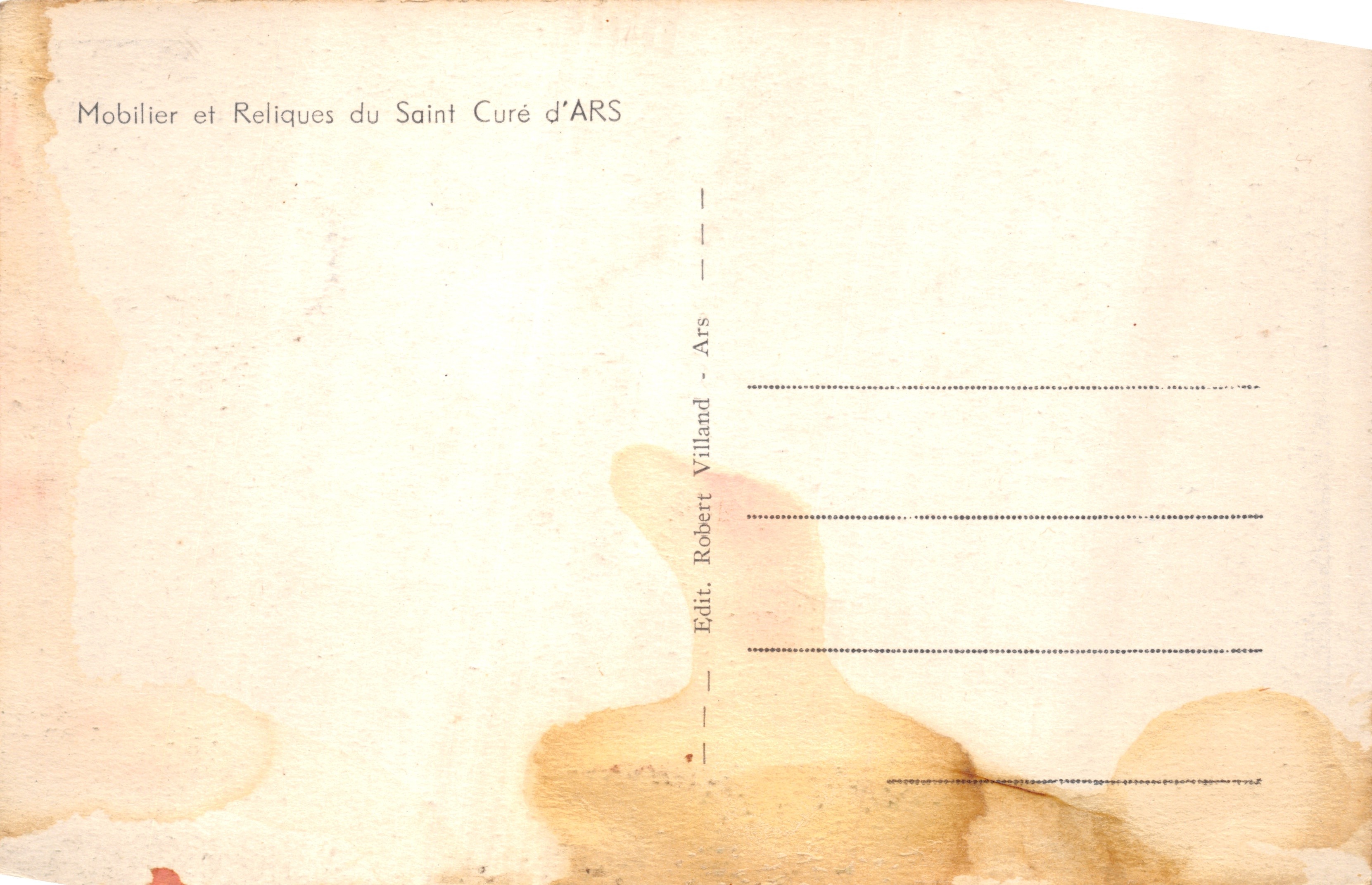 Muebles y Reliquias del Santo Curé d'ARS — Editor Robert Villand, Ars — Reverso