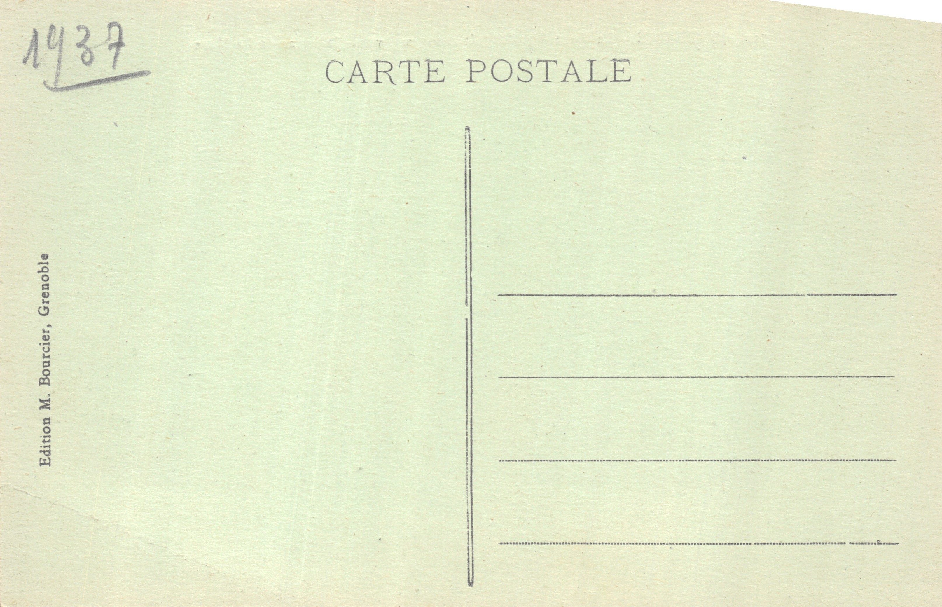 Dauphiné - Le Mont Aiguille (alt. 2097 m.) vu de la Ligne de La Mure — Édition M. Bourcier, Grenoble — Verso
