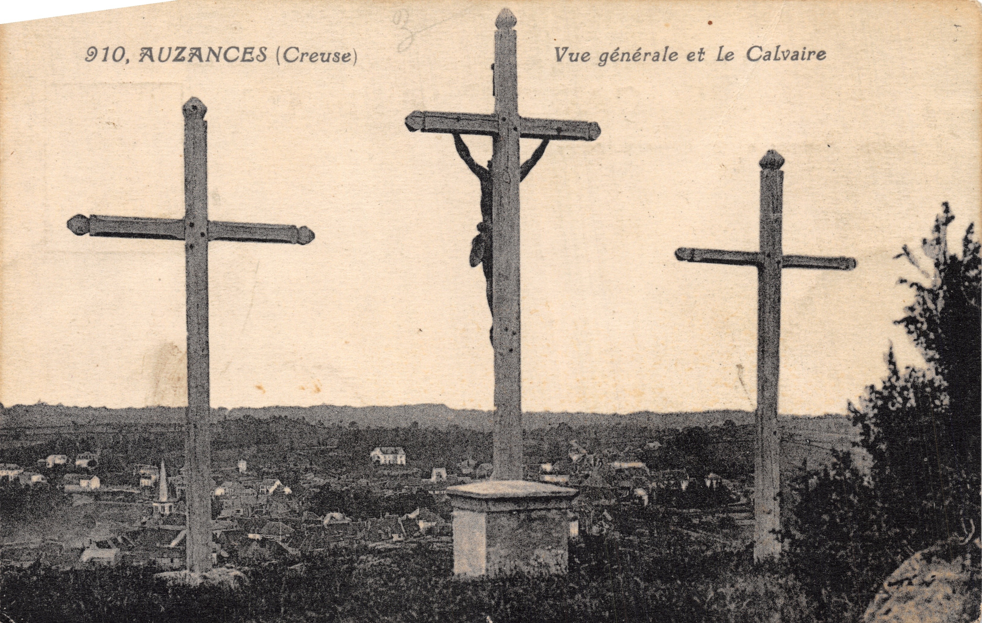 Auzances (Creuse) — Vista general y Le Calvaire, editor no identificado, n.º 910