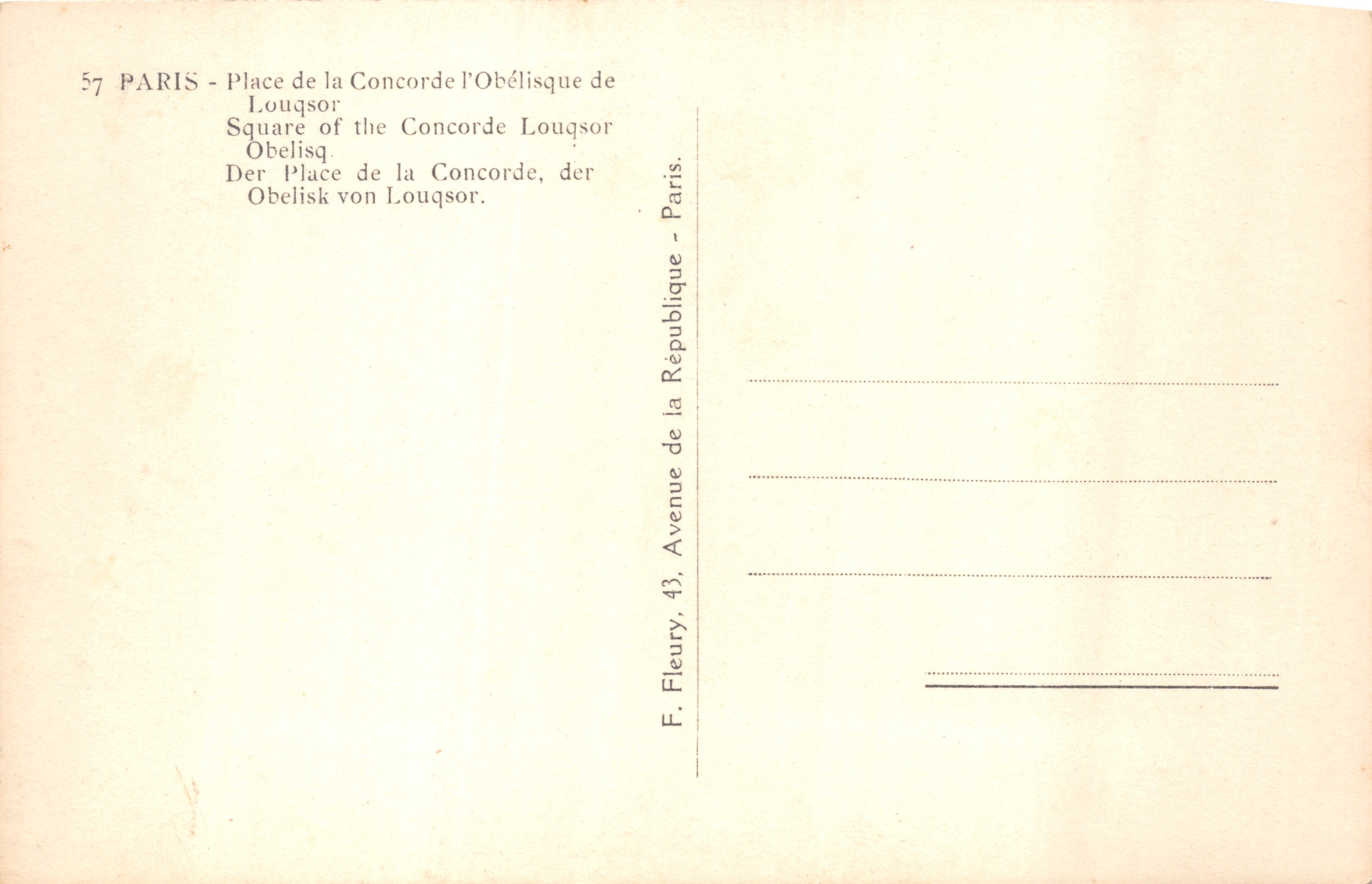 Place de la Concorde — Obélisque de la Concorde — éditeur Fan — Verso