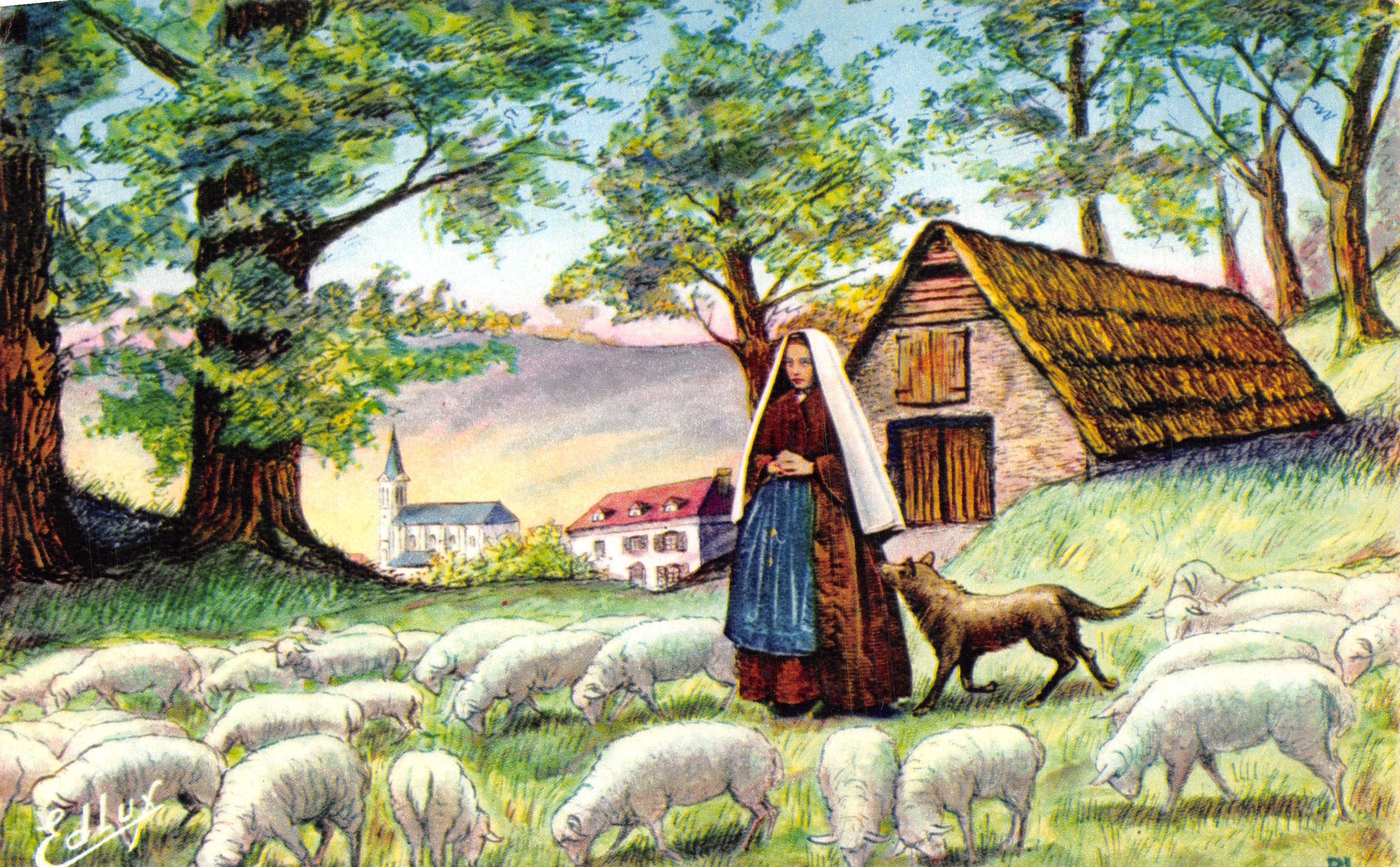 Bernadette à Bartrès gardant les moutons — scène pastorale avec église et bergerie — éditeur Edition A. Doucet, n° 9 bis