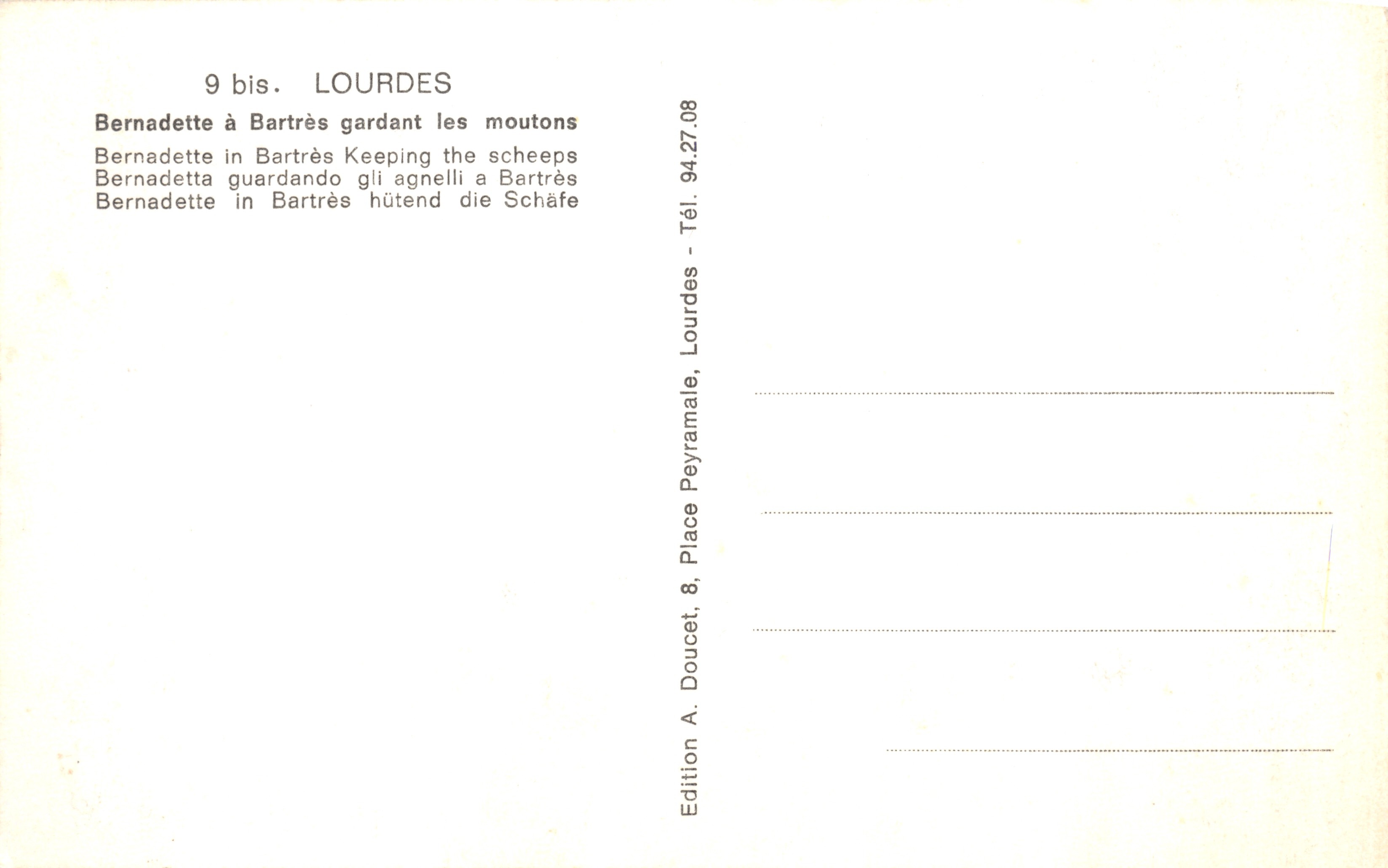 Bernadette à Bartrès gardant les moutons — scène pastorale avec église et bergerie — éditeur Edition A. Doucet, n° 9 bis — Verso