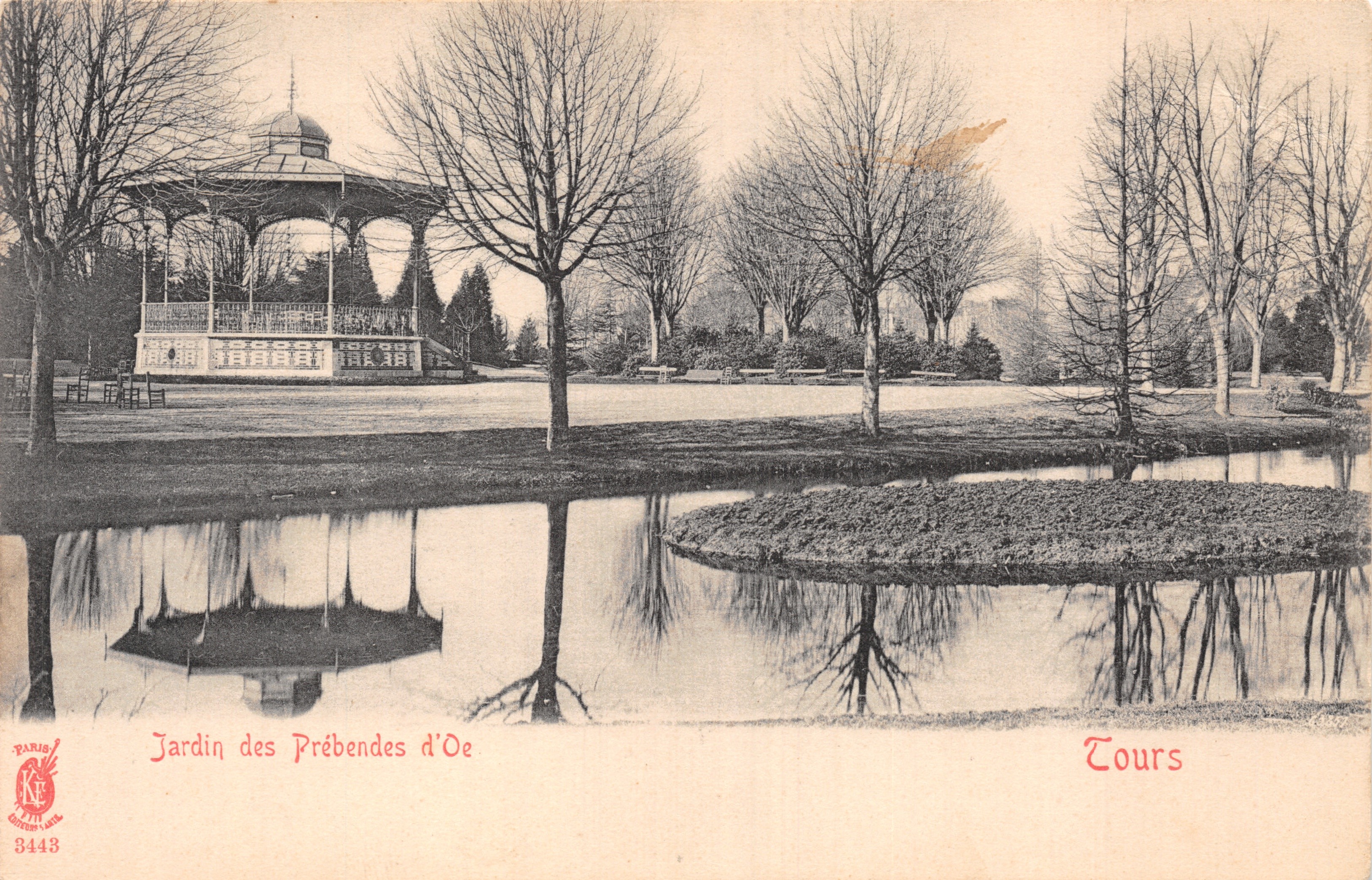 Tuin van de Prébendes d'Oe — kiosk aan de rand van een vijver — uitgever PARIS, Drukkerij KF, n° 3448