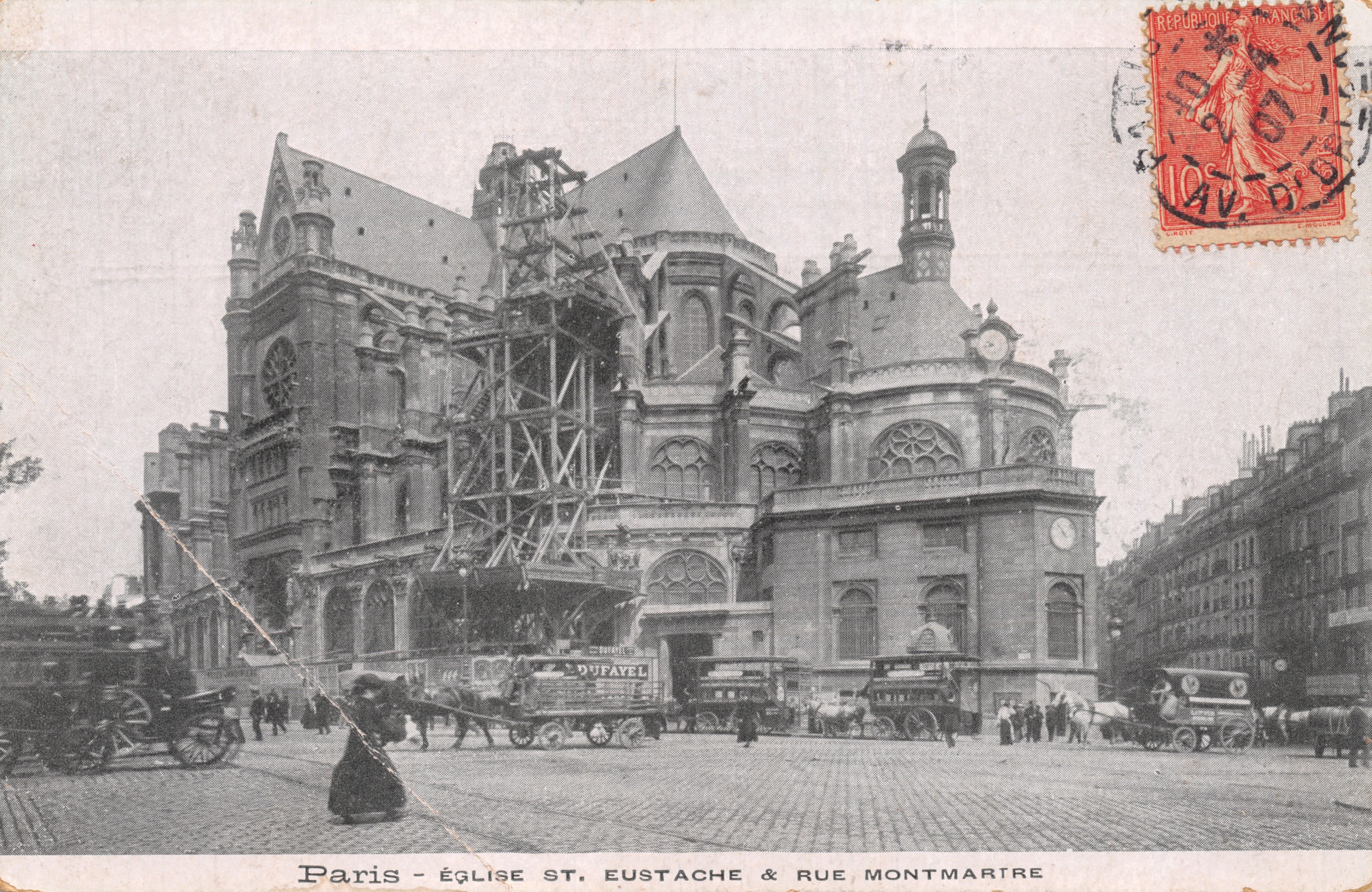 Parijs - Kerk Saint-Eustache & Rue Montmartre — uitgever DUFAYEL, serie-nummer niet zichtbaar