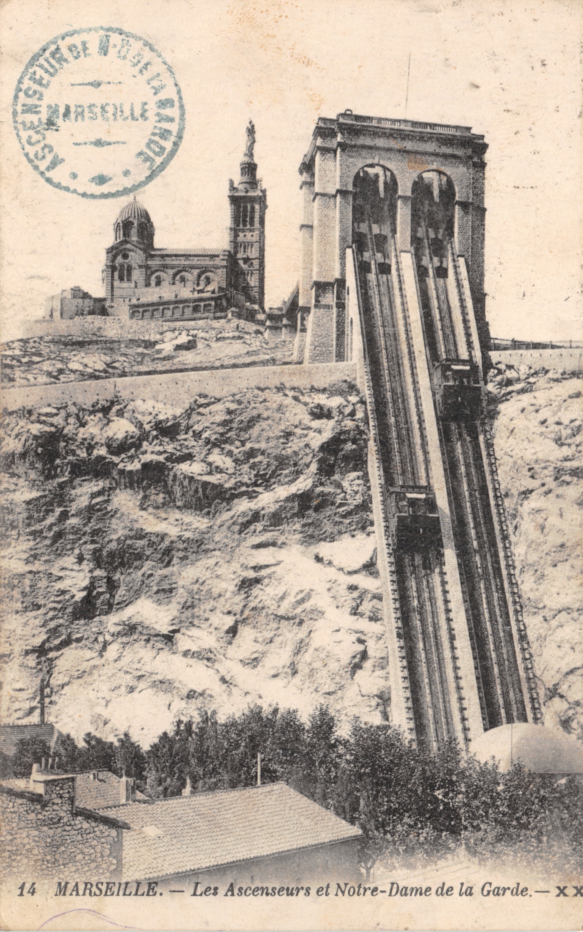 Marseille — Gli ascensori e Notre-Dame de la Garde — editore ASCENSEURS D'USSA LA GARDE, n. 14
