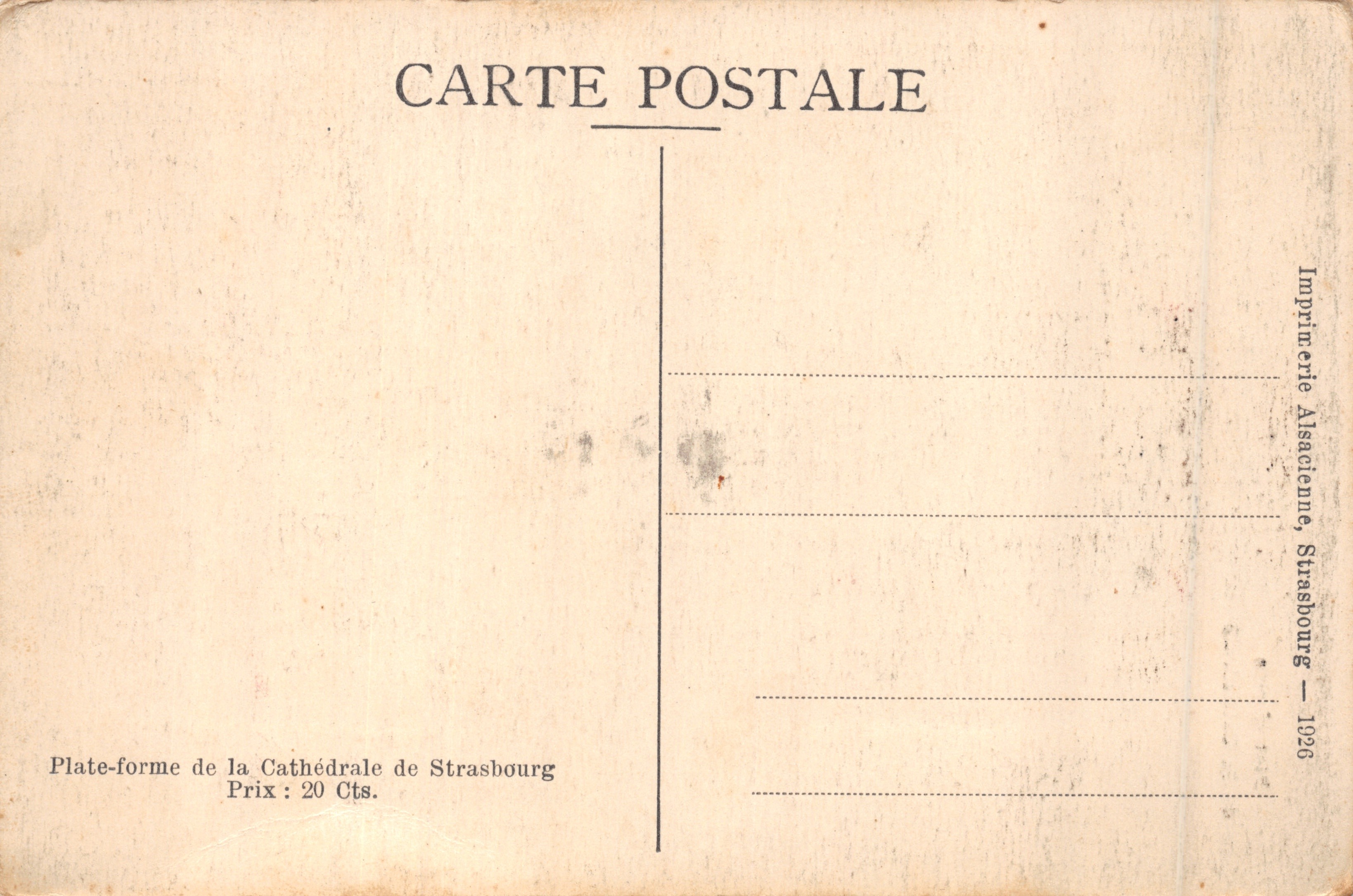 Piazzale della Cattedrale — vista della cattedrale di Strasburgo — Tipografia Alsacienne, Strasburgo — Verso