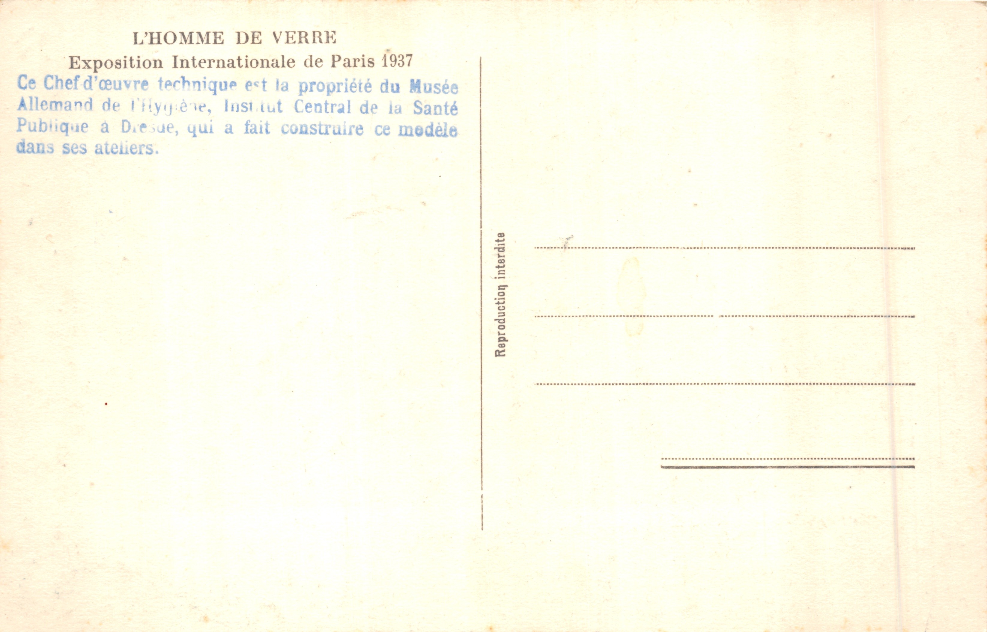 El hombre de vidrio — escultura anatómica — Exposición Internacional de París 1937, editor no visible — Reverso