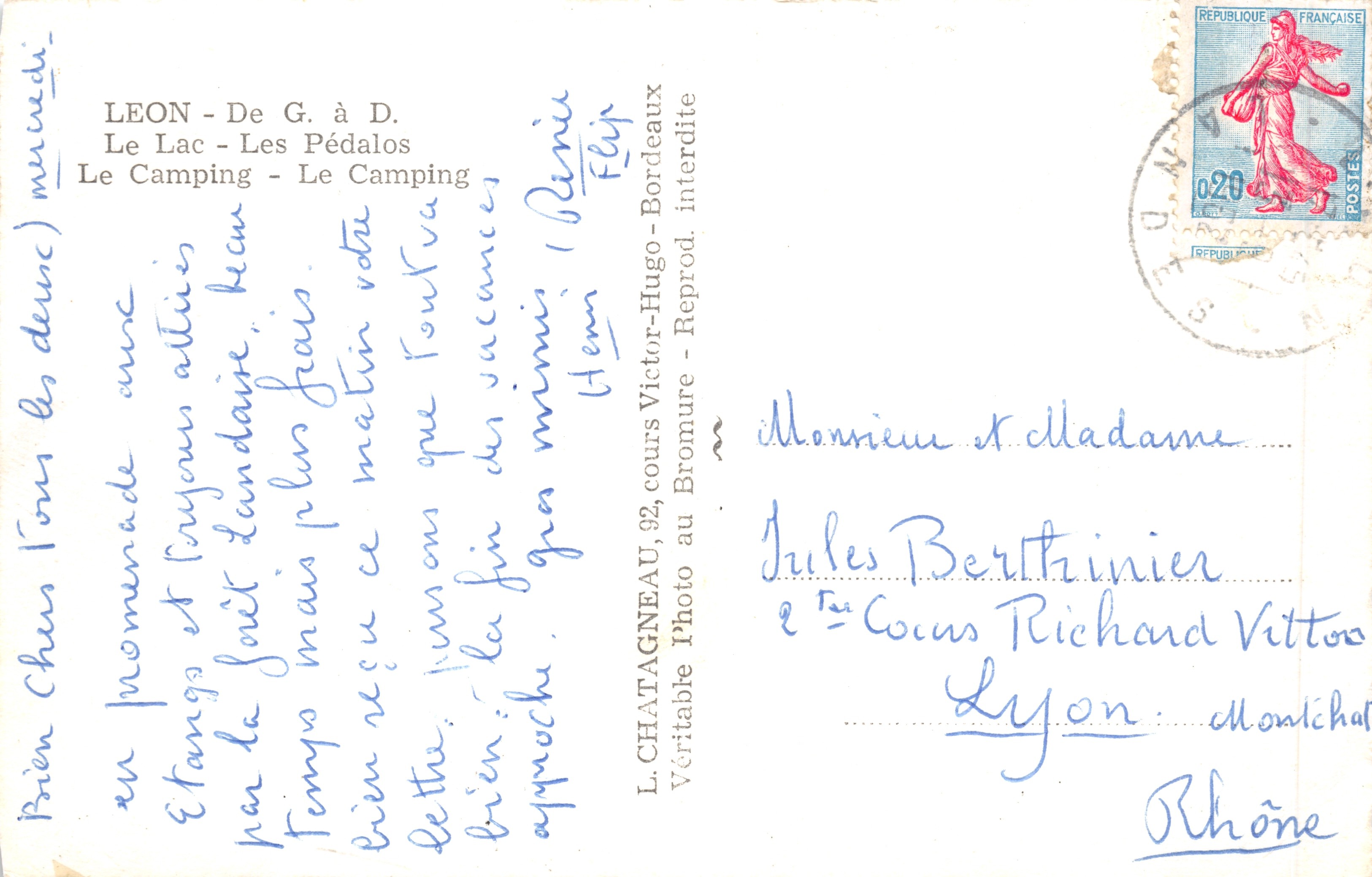 Lago Les Pédalos — Camping — Ricordo di Léon — Editore L. CHATAGNEAU, Bordeaux — Verso
