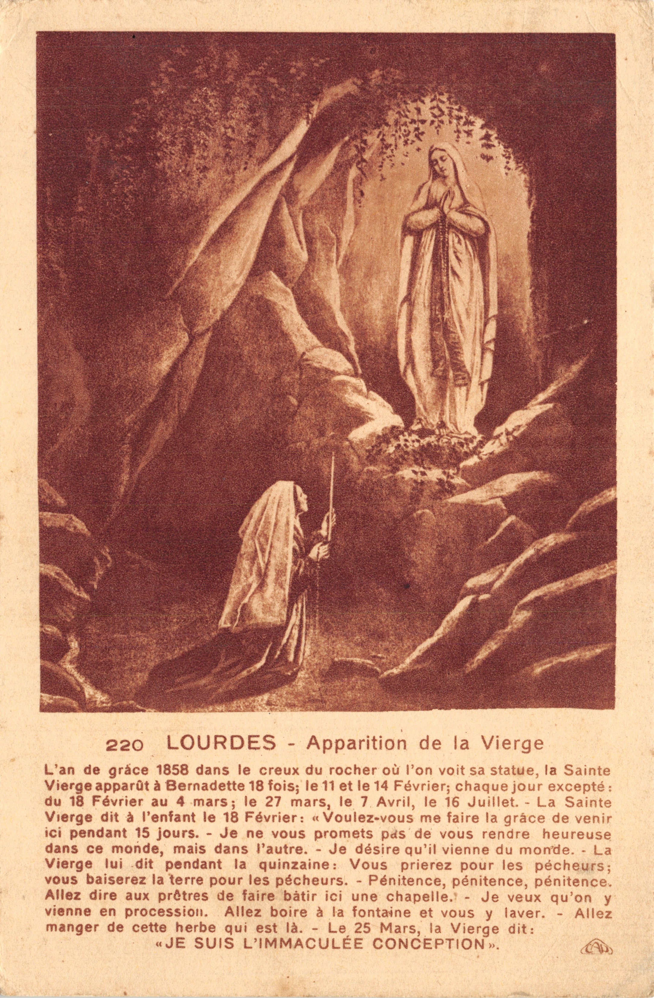 LOURDES - Apparition de la Vierge — éditeur Conquignue Photomécanique, n° 220
