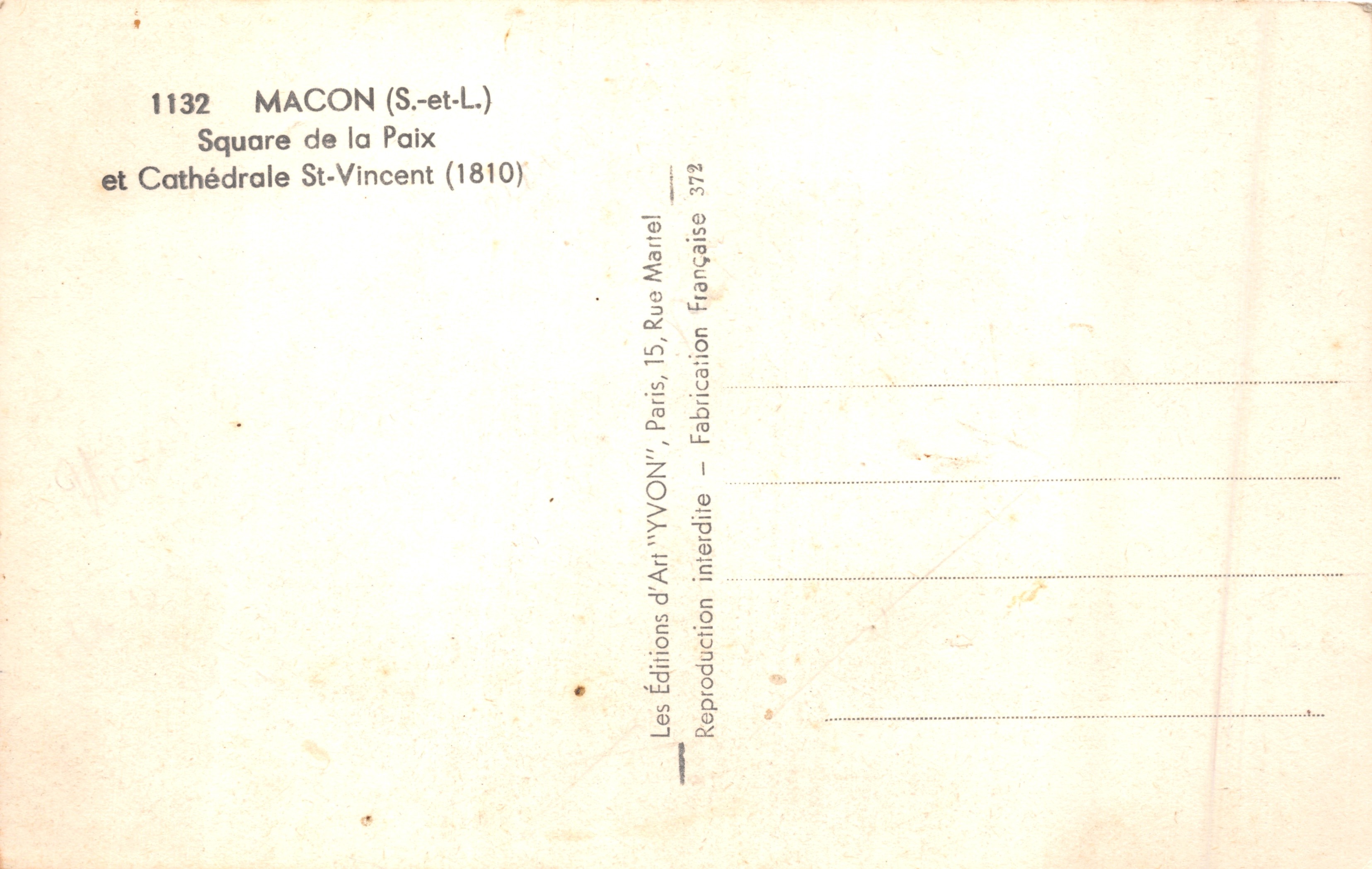 Macon (S.-et-L.) — Square de la Paix e Cattedrale Saint-Vincent (1810) — Éditions d'Art 'YVON', Paris — Verso