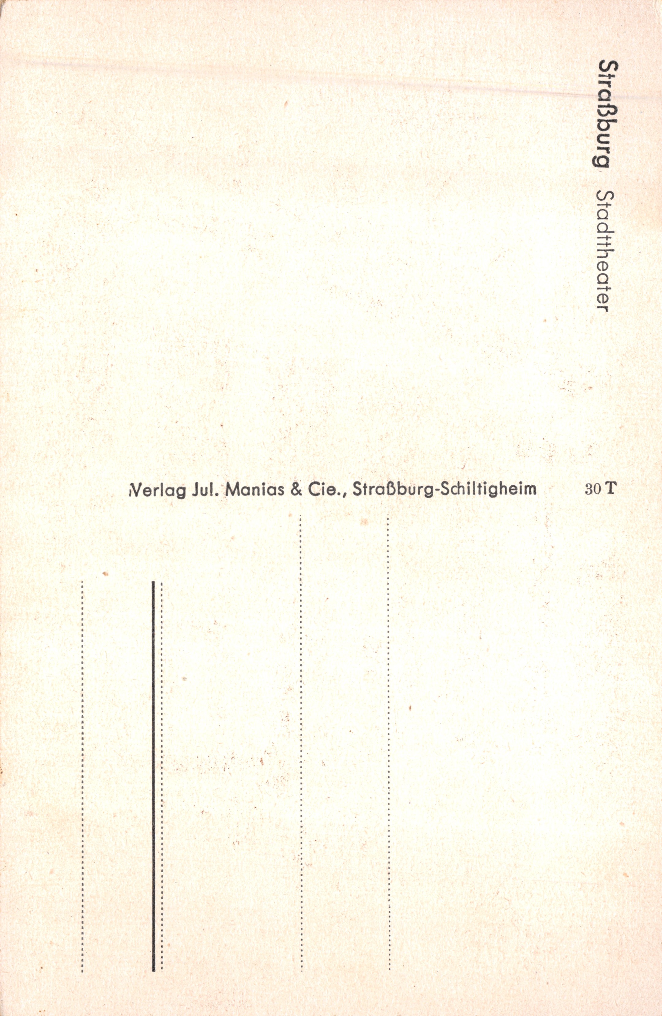 Theater van Straatsburg — neoklassieke gevel met kolommen en beelden — uitgever Verlag Jul. Manias & Cie — Achterkant