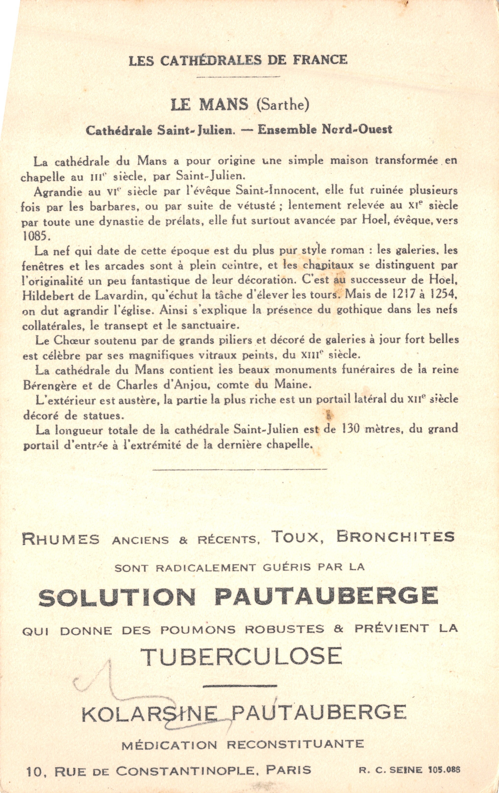 Le Mans (Sarthe) — Cathédrale Saint-Julien (Ensemble Nord-Ouest) — Imprimée par Solution Paultauberge, 5e Série — Verso