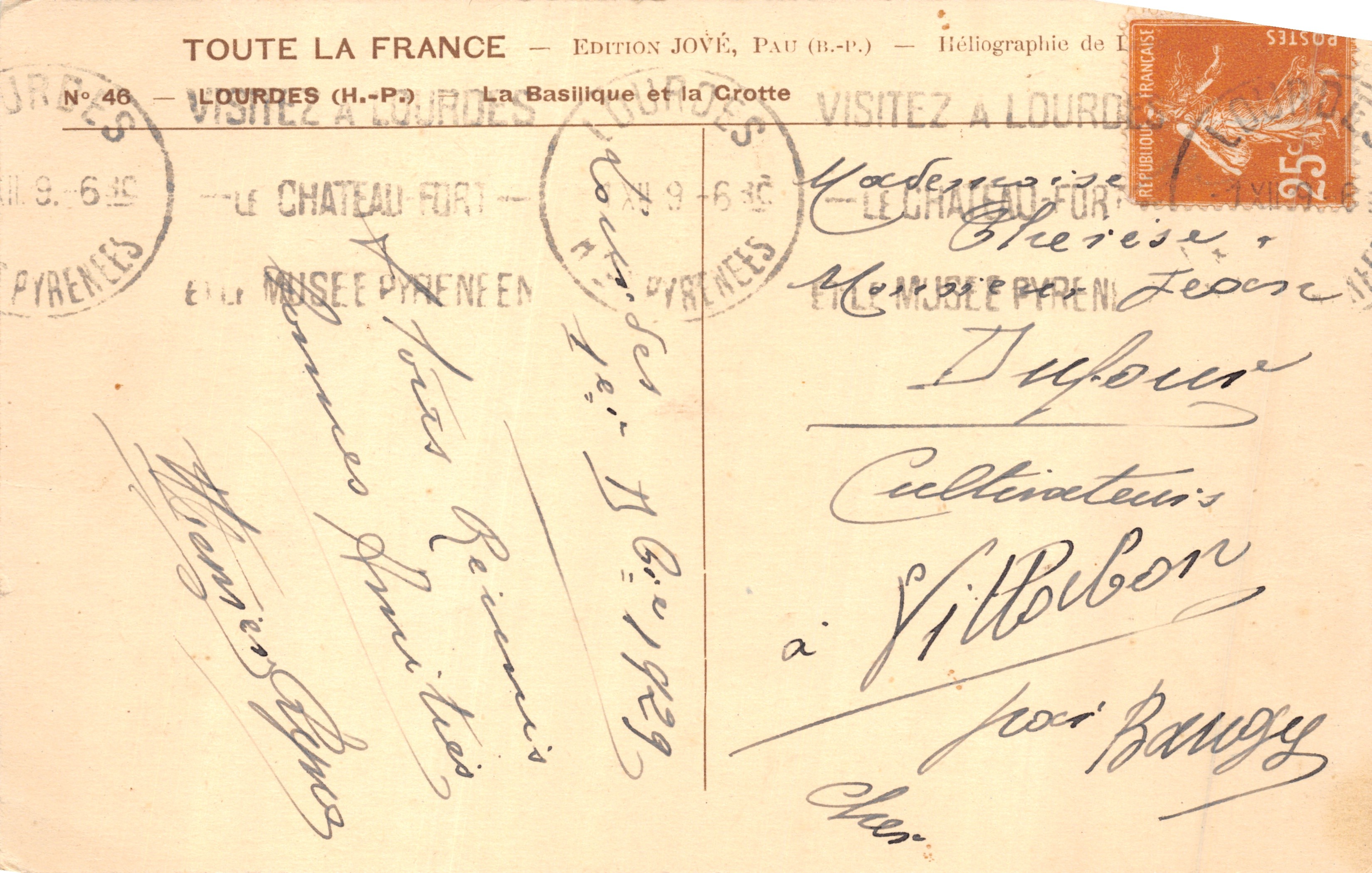 Lourdes — La Basilica e la Grotta — Edizione JOVÉ, Pau (B.-P.) — Verso