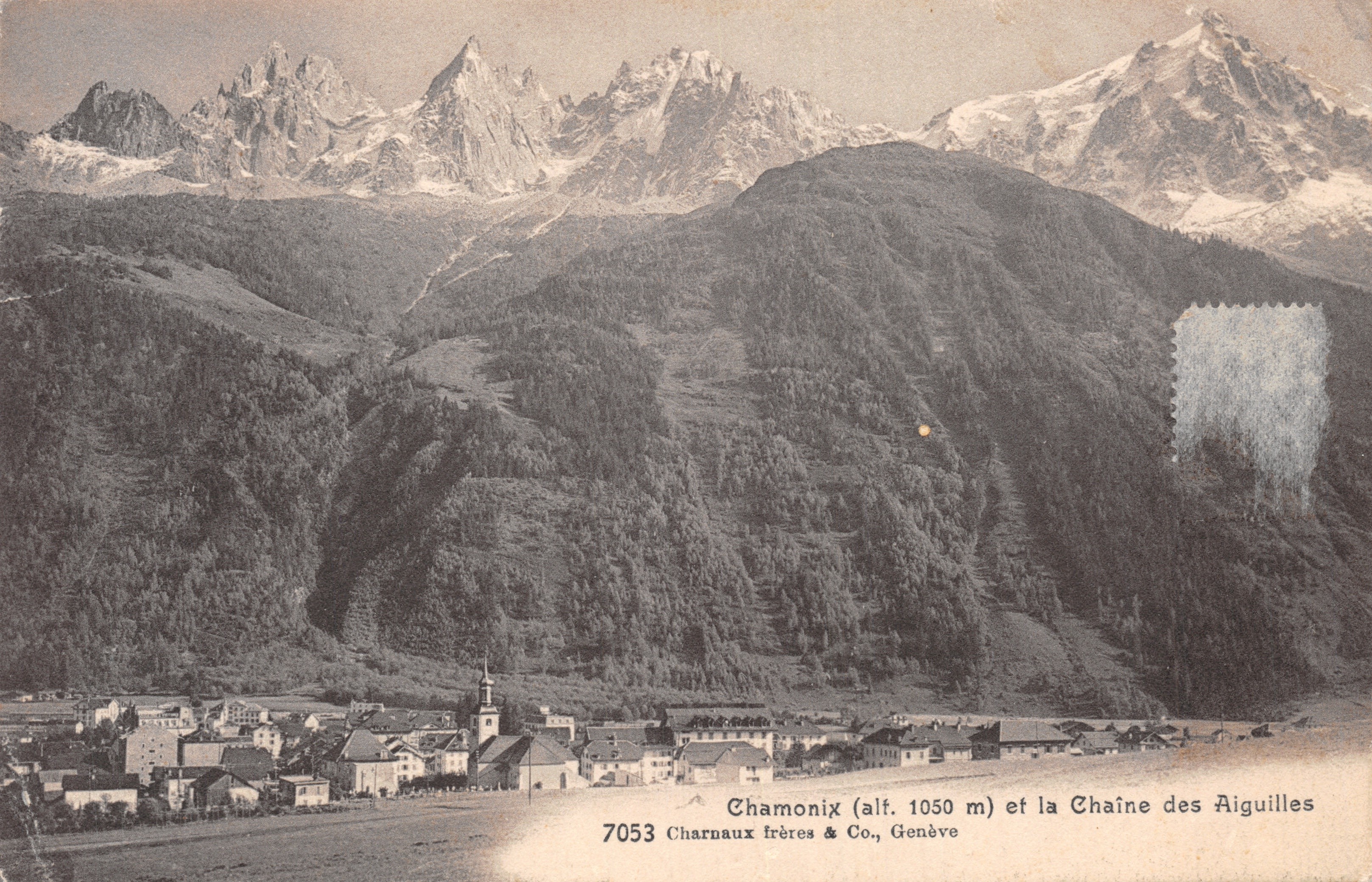 Chamonix (alt. 1050 m) y la Cadena de las Aiguilles — Charnaux frères & Co., Ginebra, n.º 7053