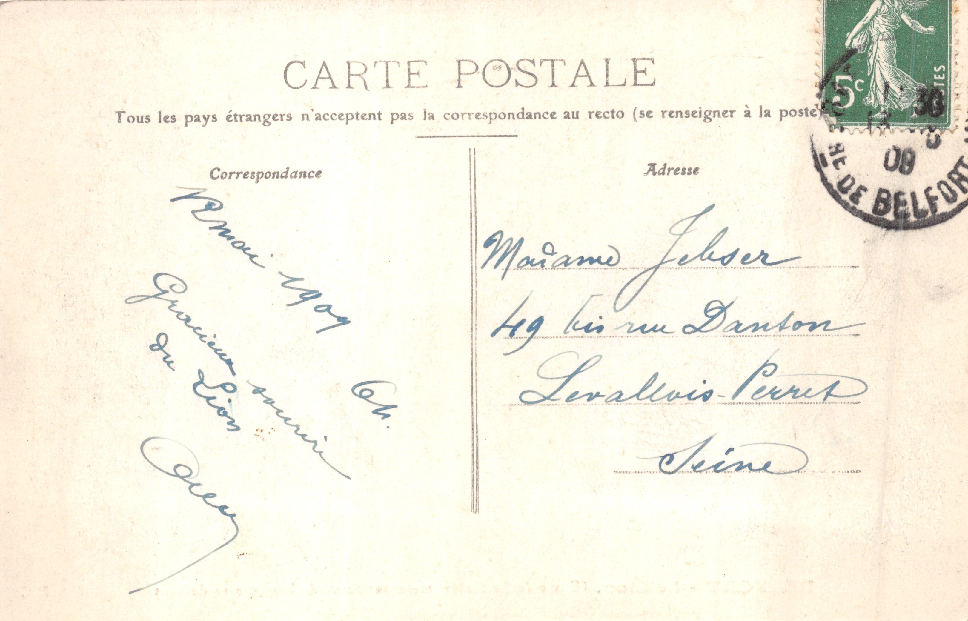 Belfort - Le Lion — œuvre de Bartholdi, mesurant 22 m. de long sur 11 de haut, éditeur A & H.C — Achterkant