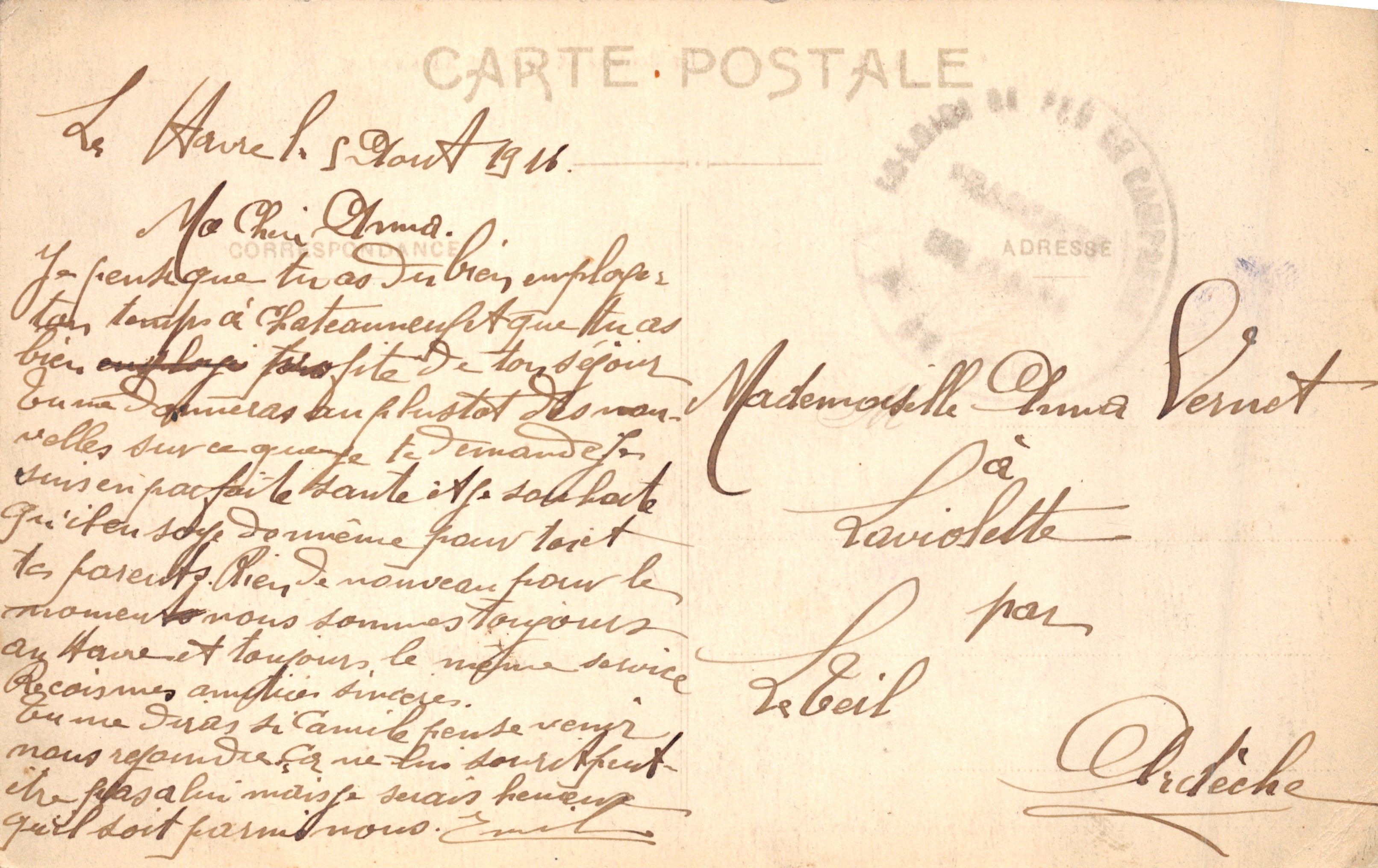 Le Havre — De Bourse en de Pont Alexandre — C.V. 6, uitgever drukker onzichtbaar — Achterkant