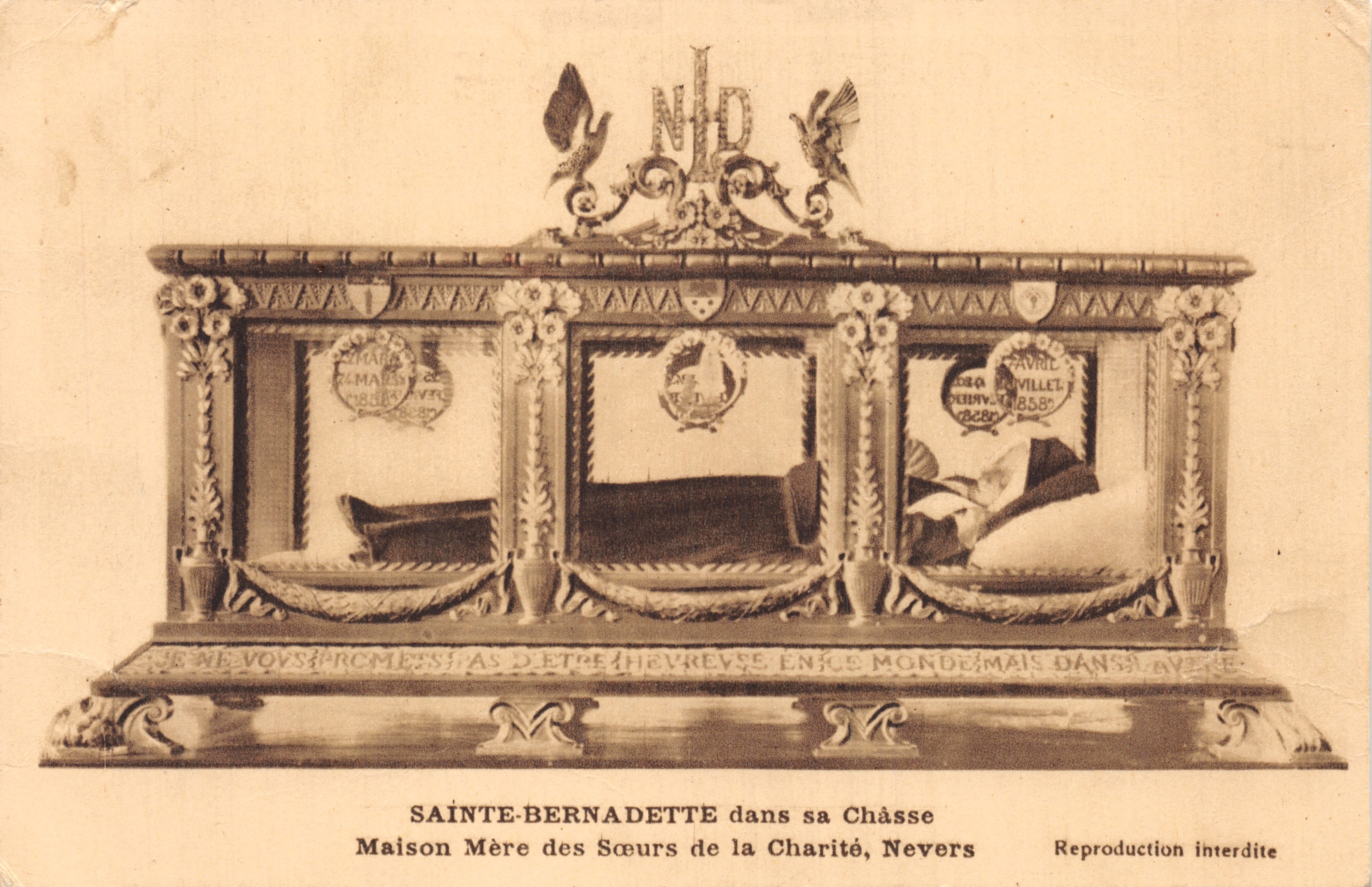 Sainte-Bernadette in haar Kist — Moederhuis van de Zusters van de Waarheid, Nevers — uitgever: Paville (1858)