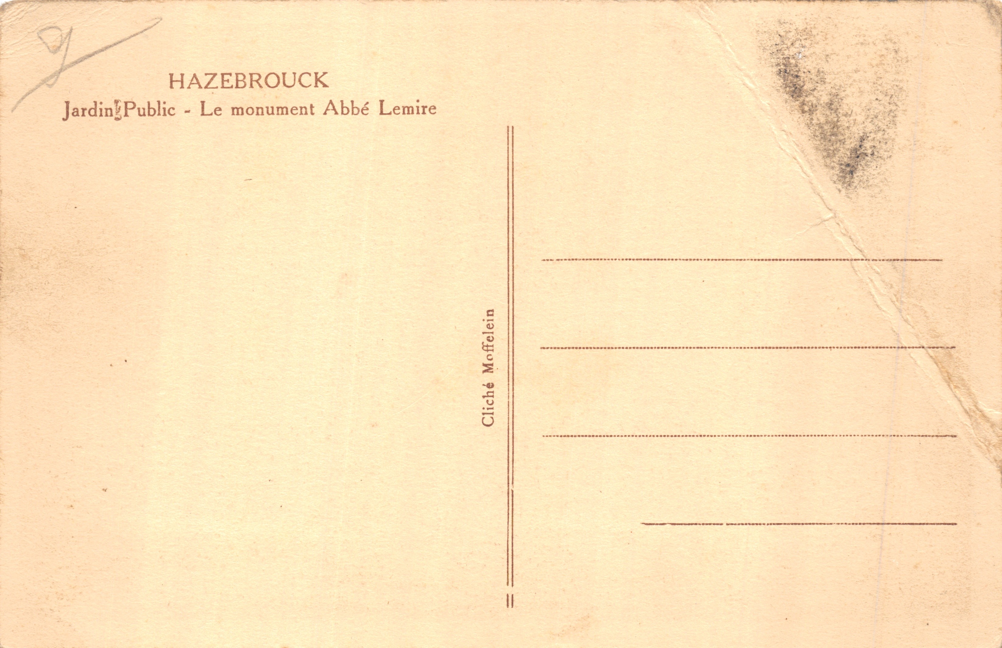 Hazebruck — Giardino Pubblico con il Monumento all'abate Lemire — Cliché Maffelein — Verso