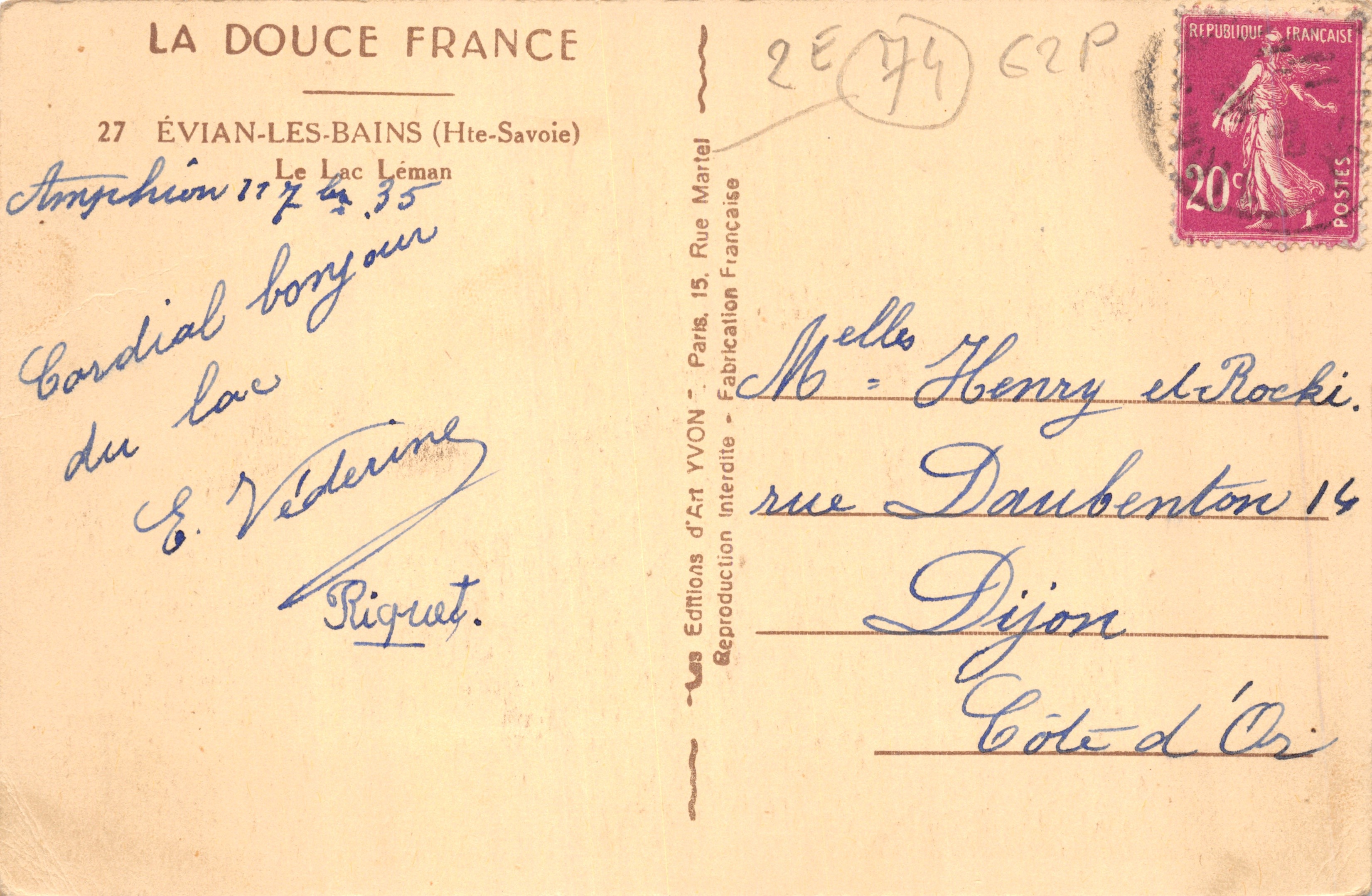 Évian-les-Bains — Lac Léman avec montagnes en arrière-plan — Éditions d'Art YVON — Verso